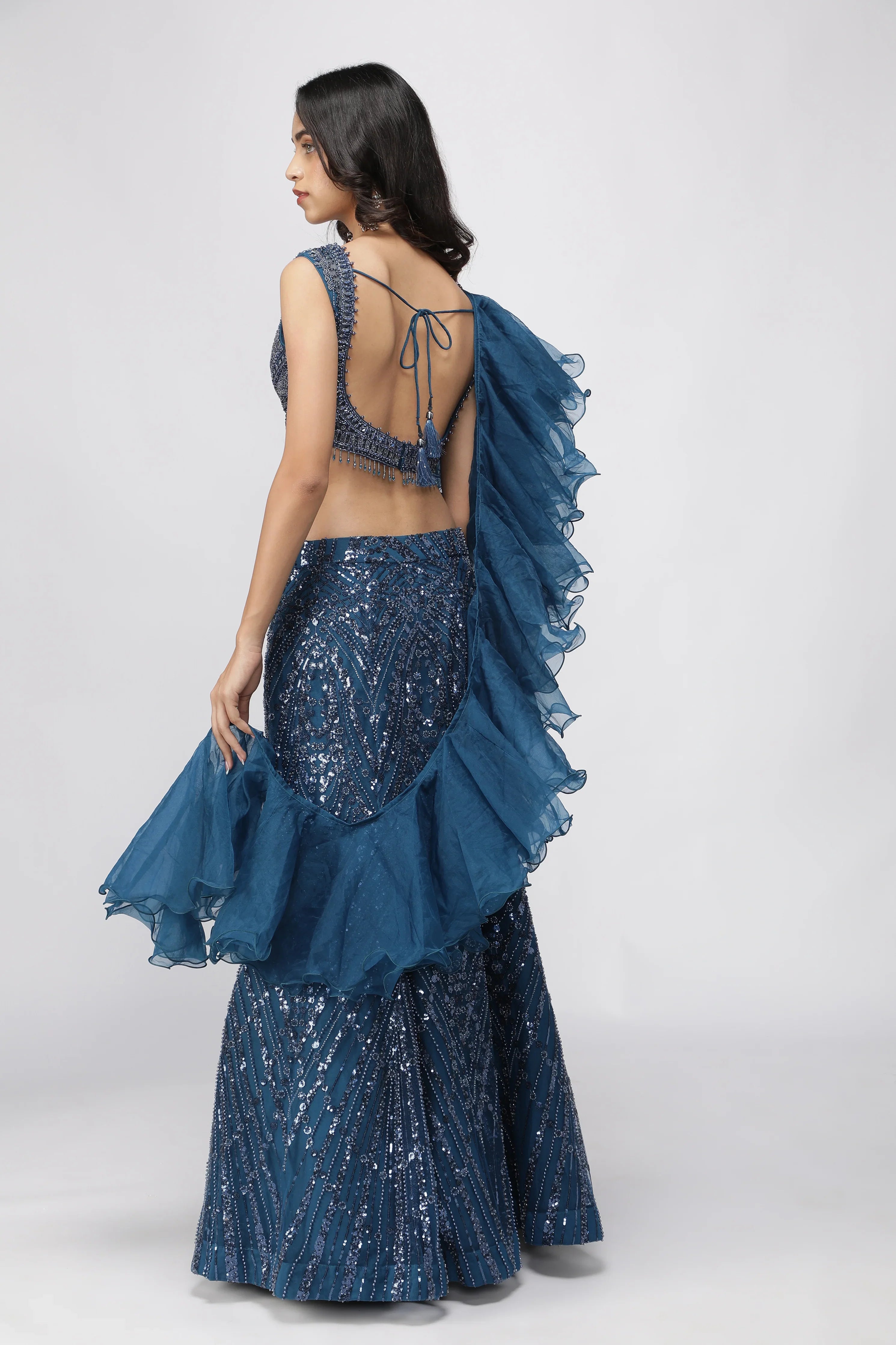 Electric Blue Net Mermaid Cut Lehenga Set - Mokshaa