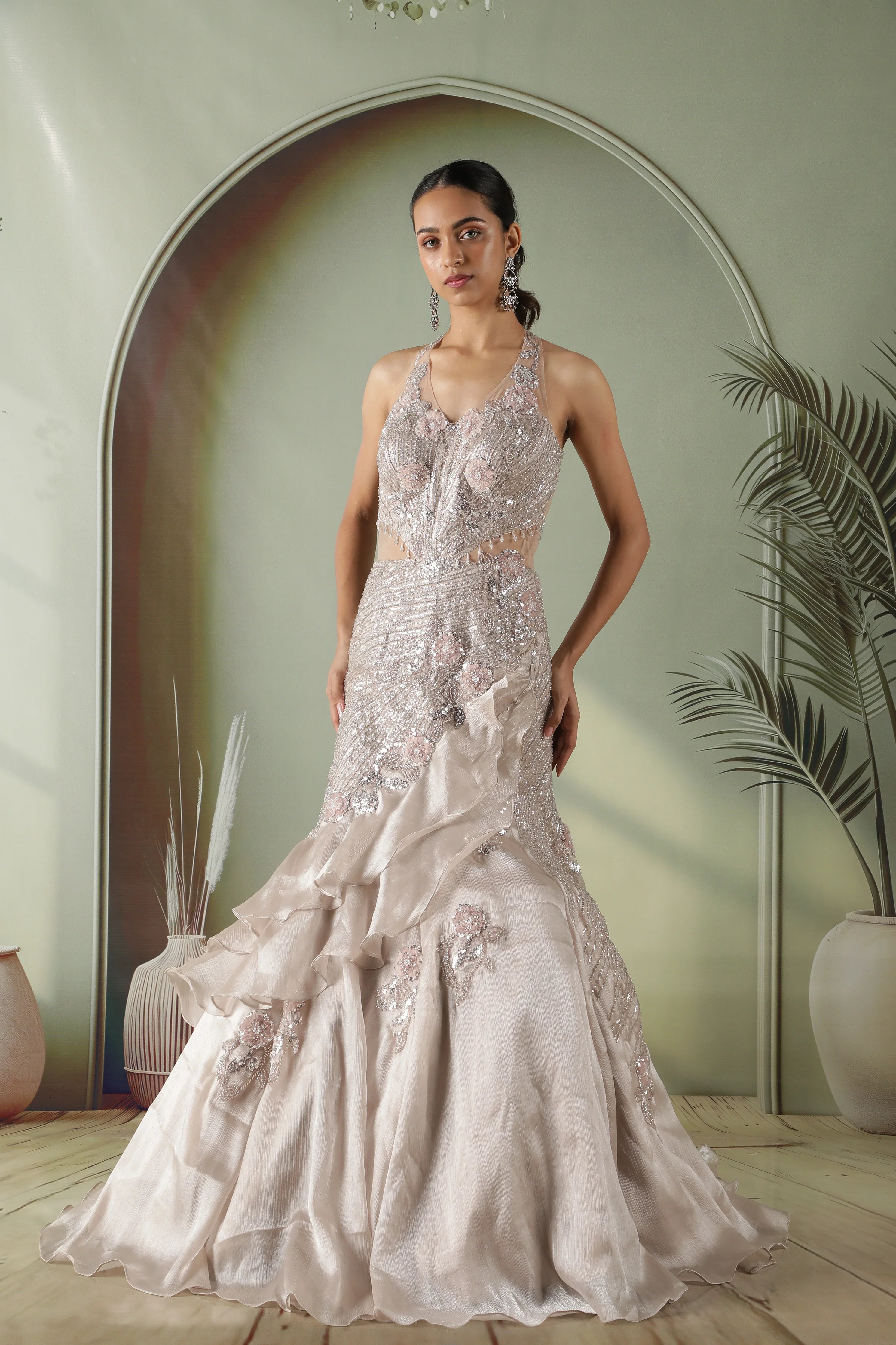 Champagne Grey Crushed Tissue Mermaid Gown with Sequins & Floral Appliqu茅 - Mokshaa