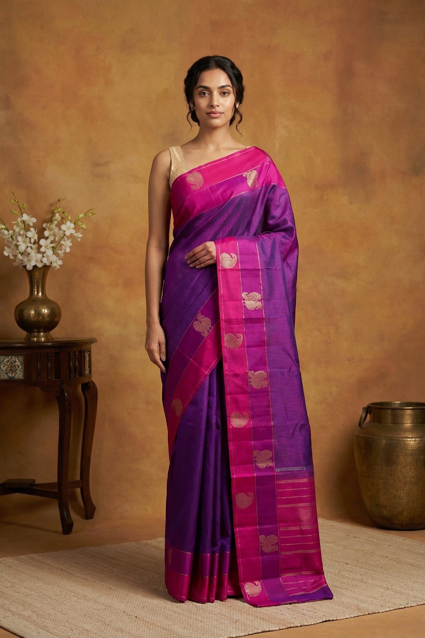 Violet Kanchipuram Silk Zari Saree - Mokshaa