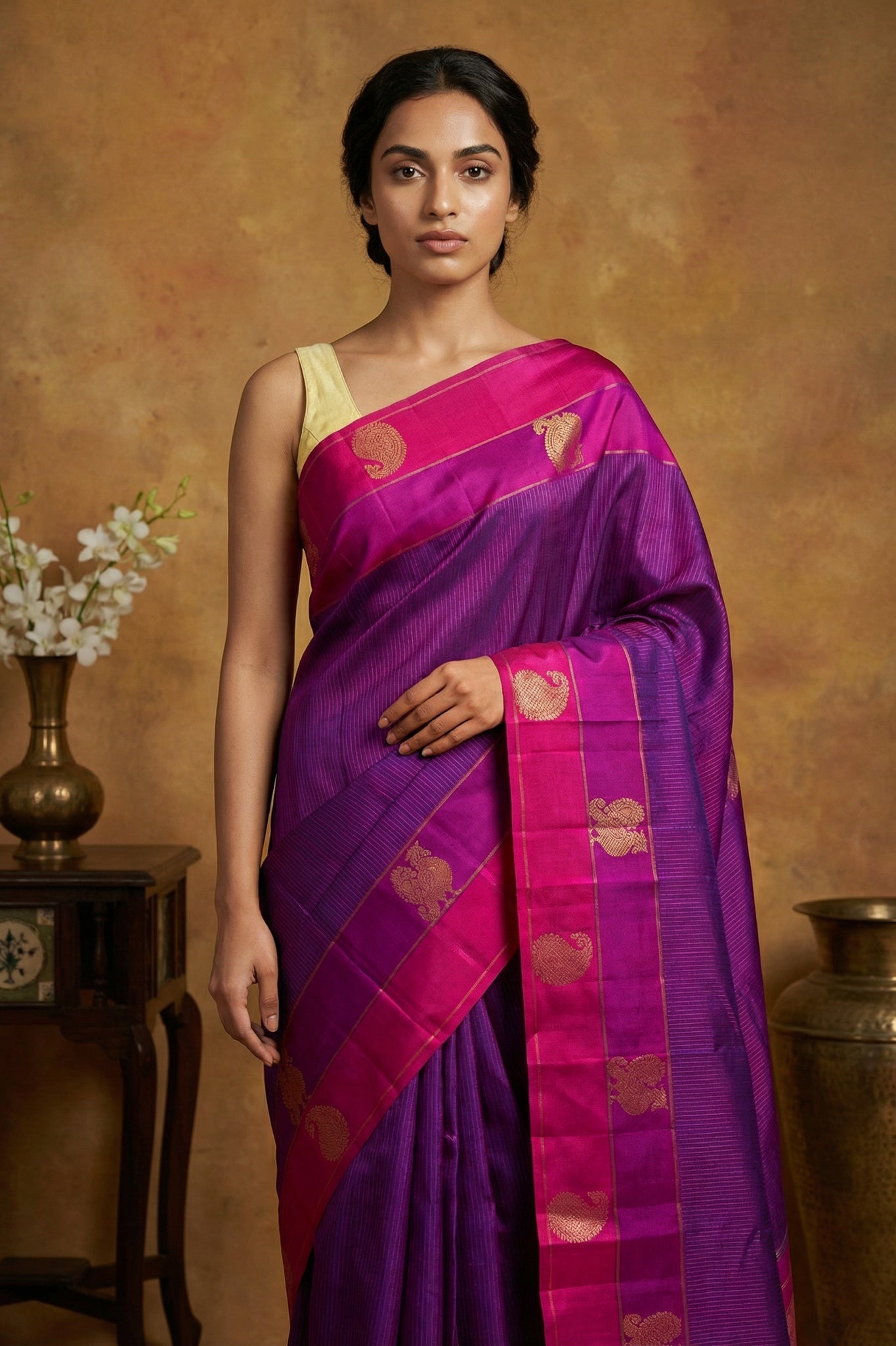 Violet Kanchipuram Silk Zari Saree - Mokshaa