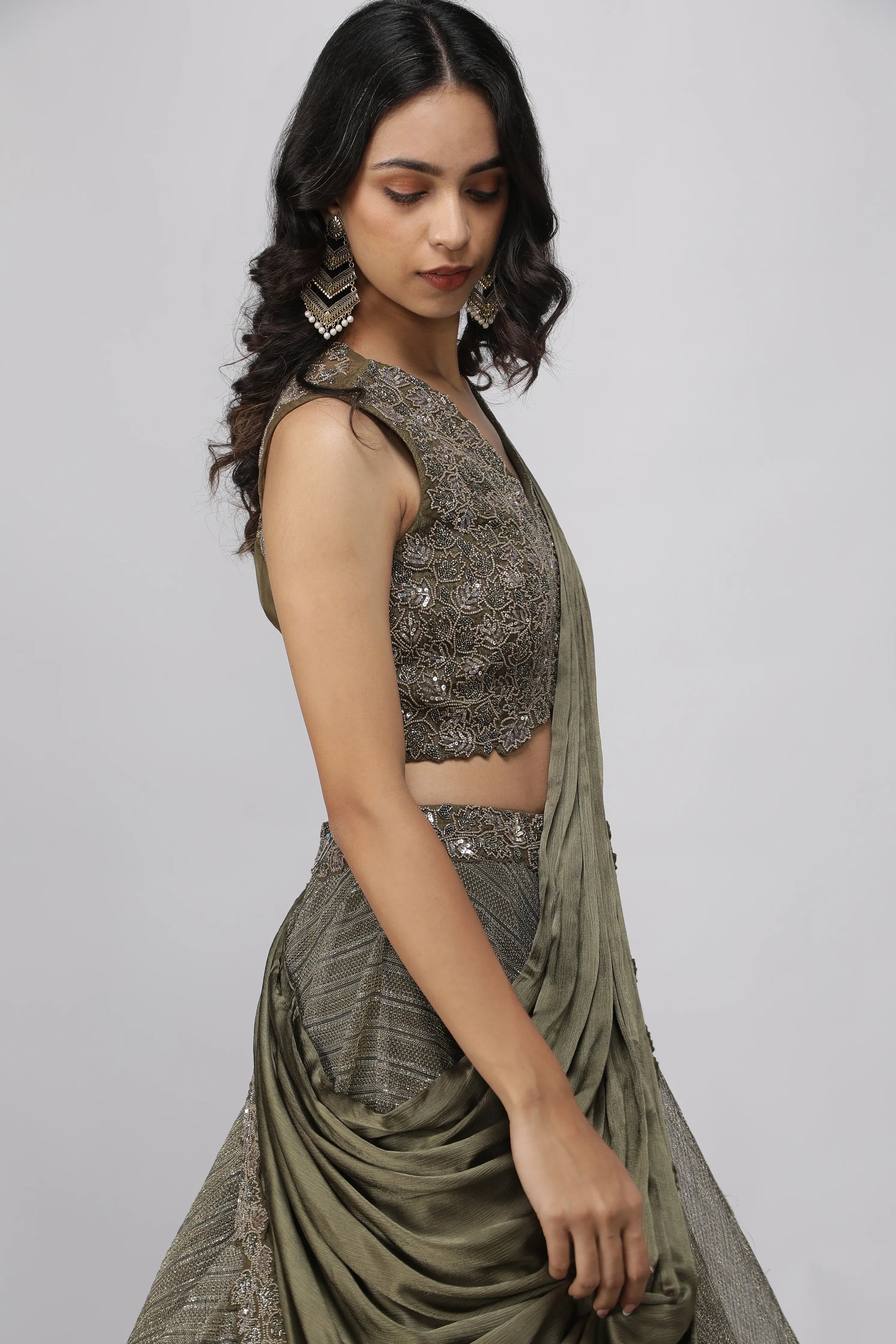 Olive Green Embroidered Lehenga set - Mokshaa
