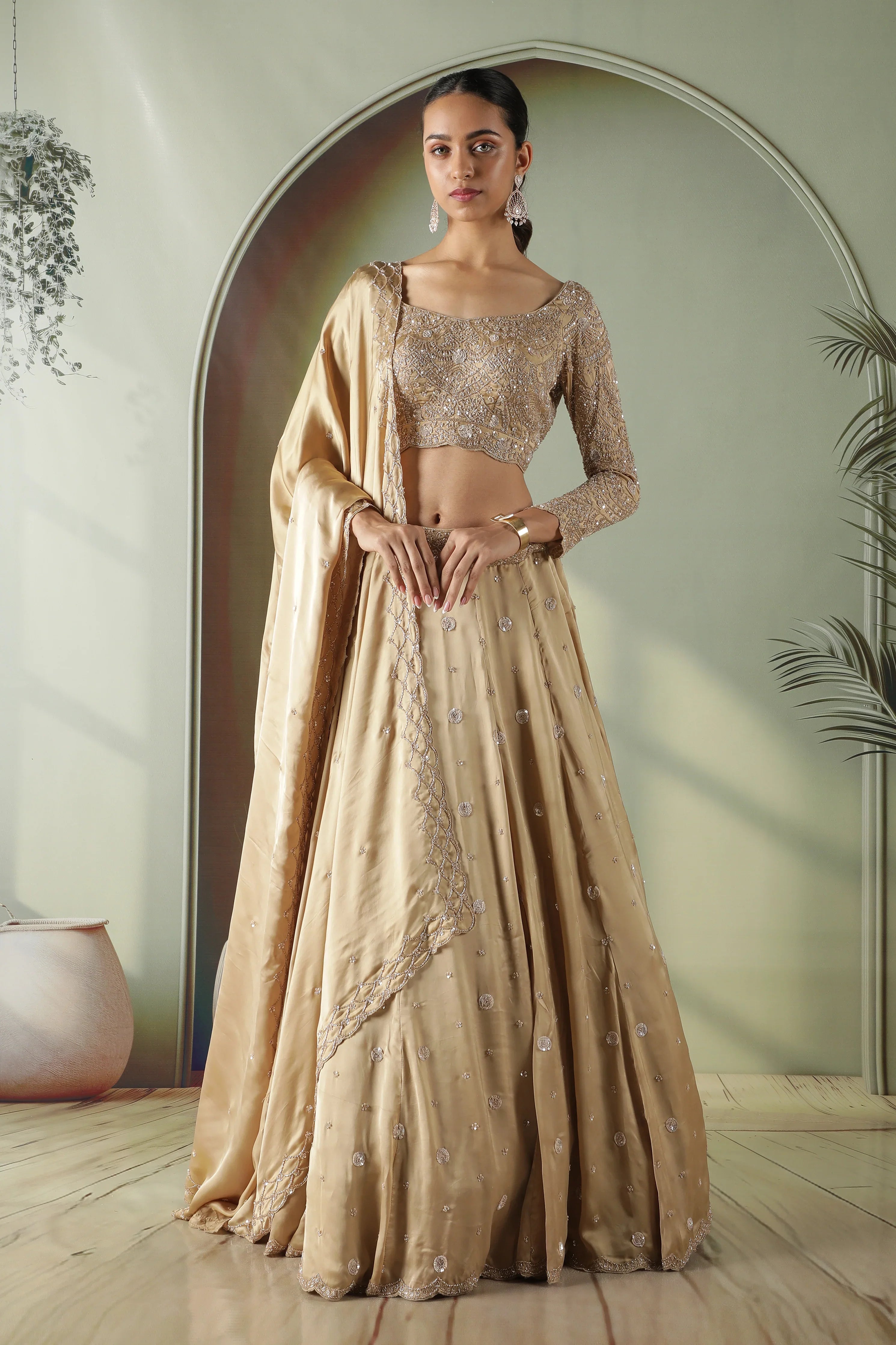Gold Satin Silk Lehenga Set - Mokshaa