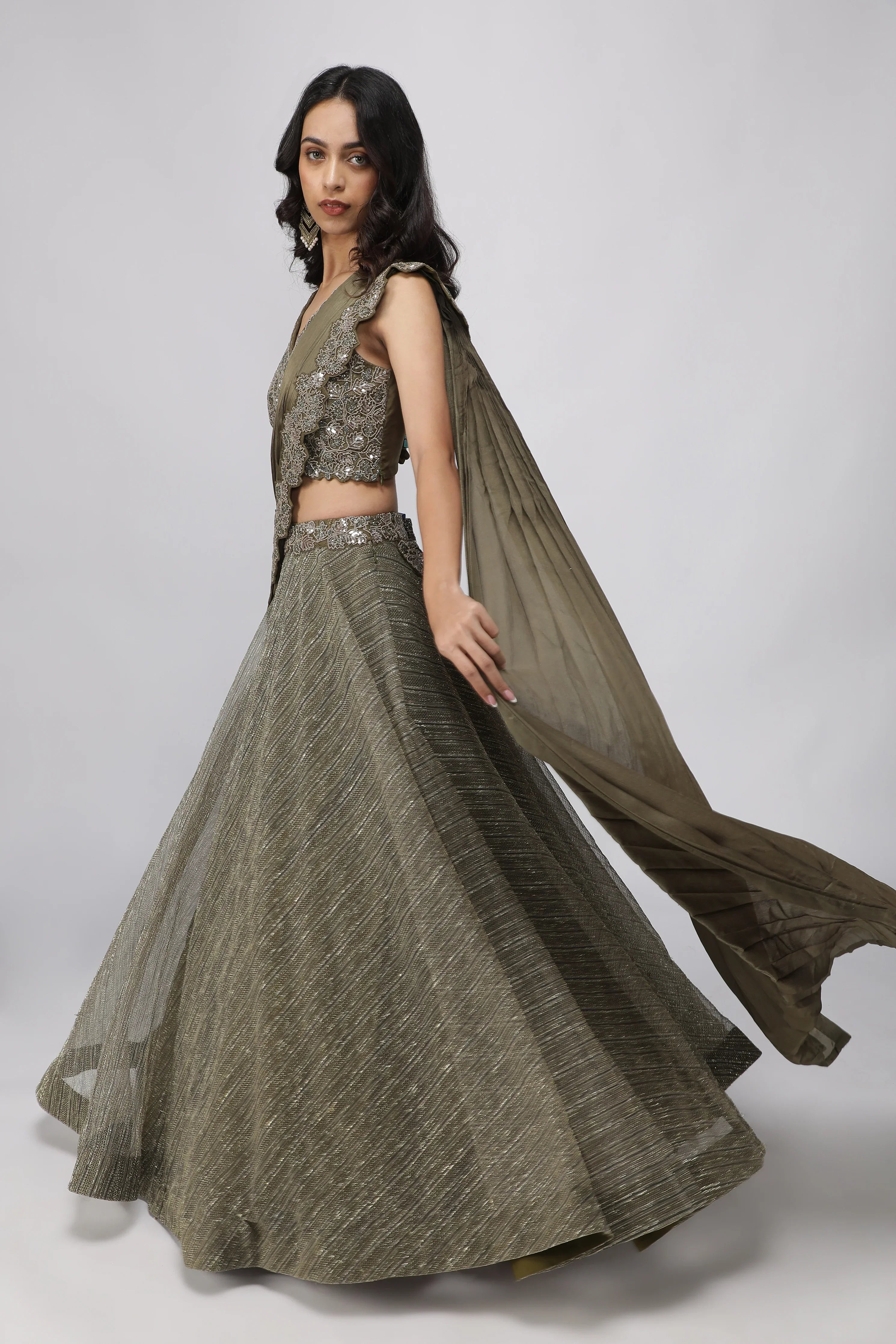 Olive Green Embroidered Lehenga set - Mokshaa
