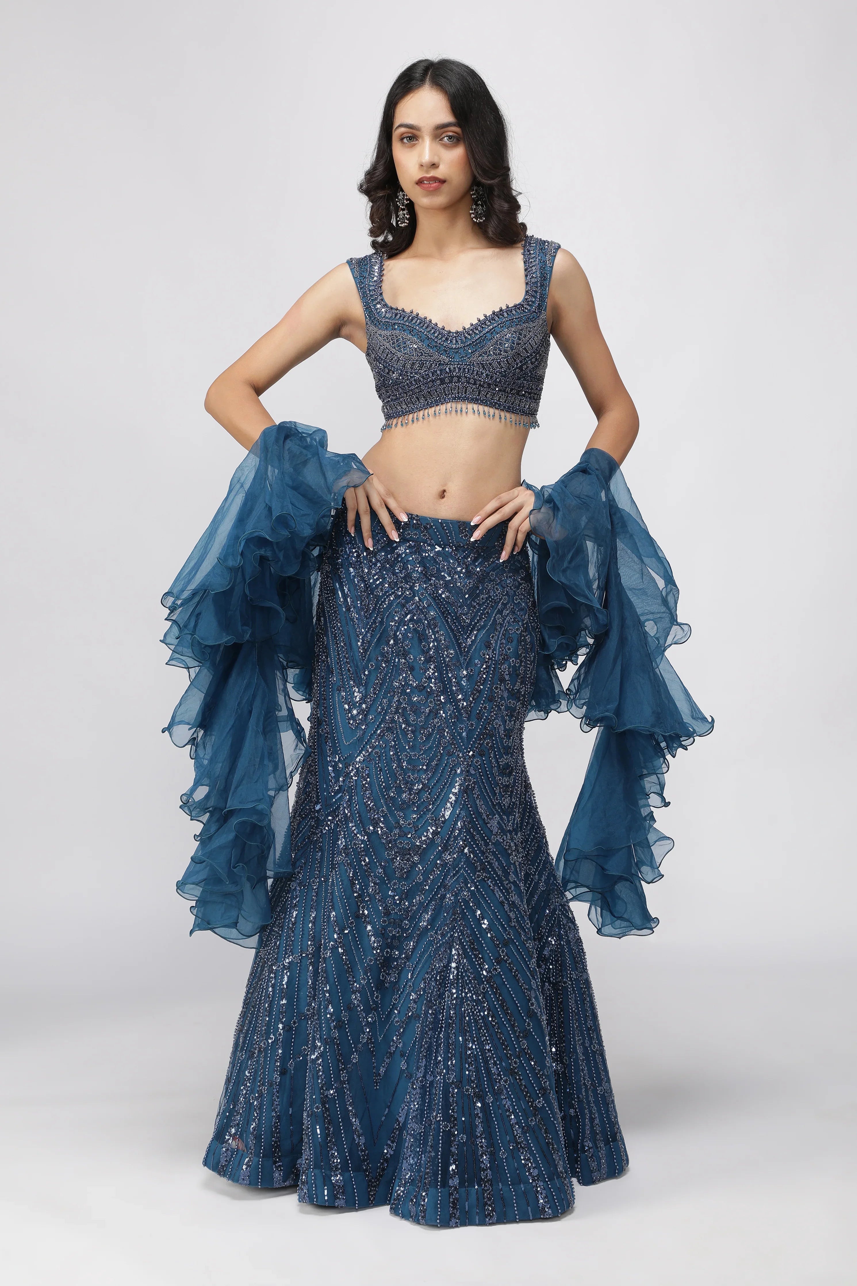 Electric Blue Net Mermaid Cut Lehenga Set - Mokshaa
