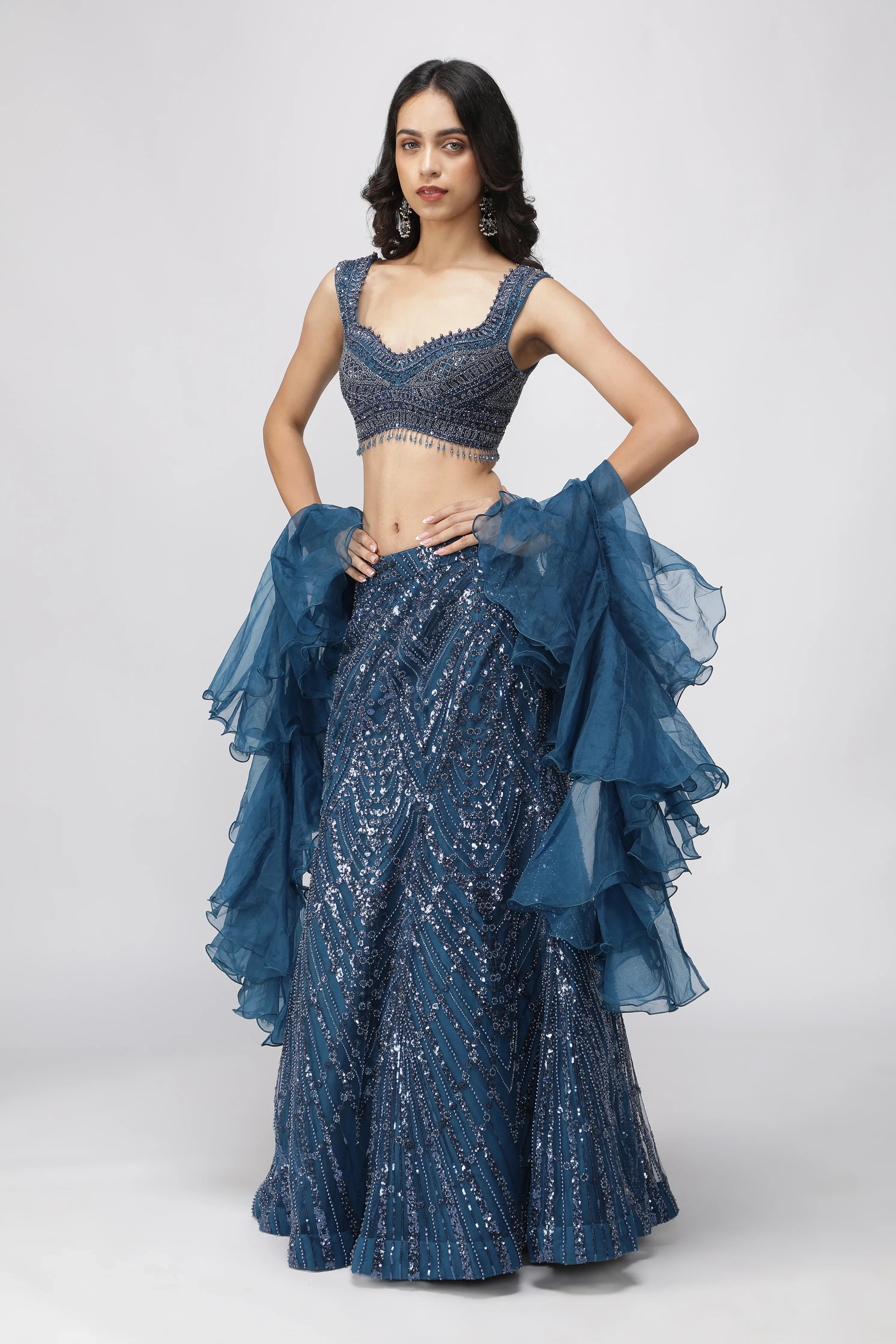 Electric Blue Net Mermaid Cut Lehenga Set - Mokshaa