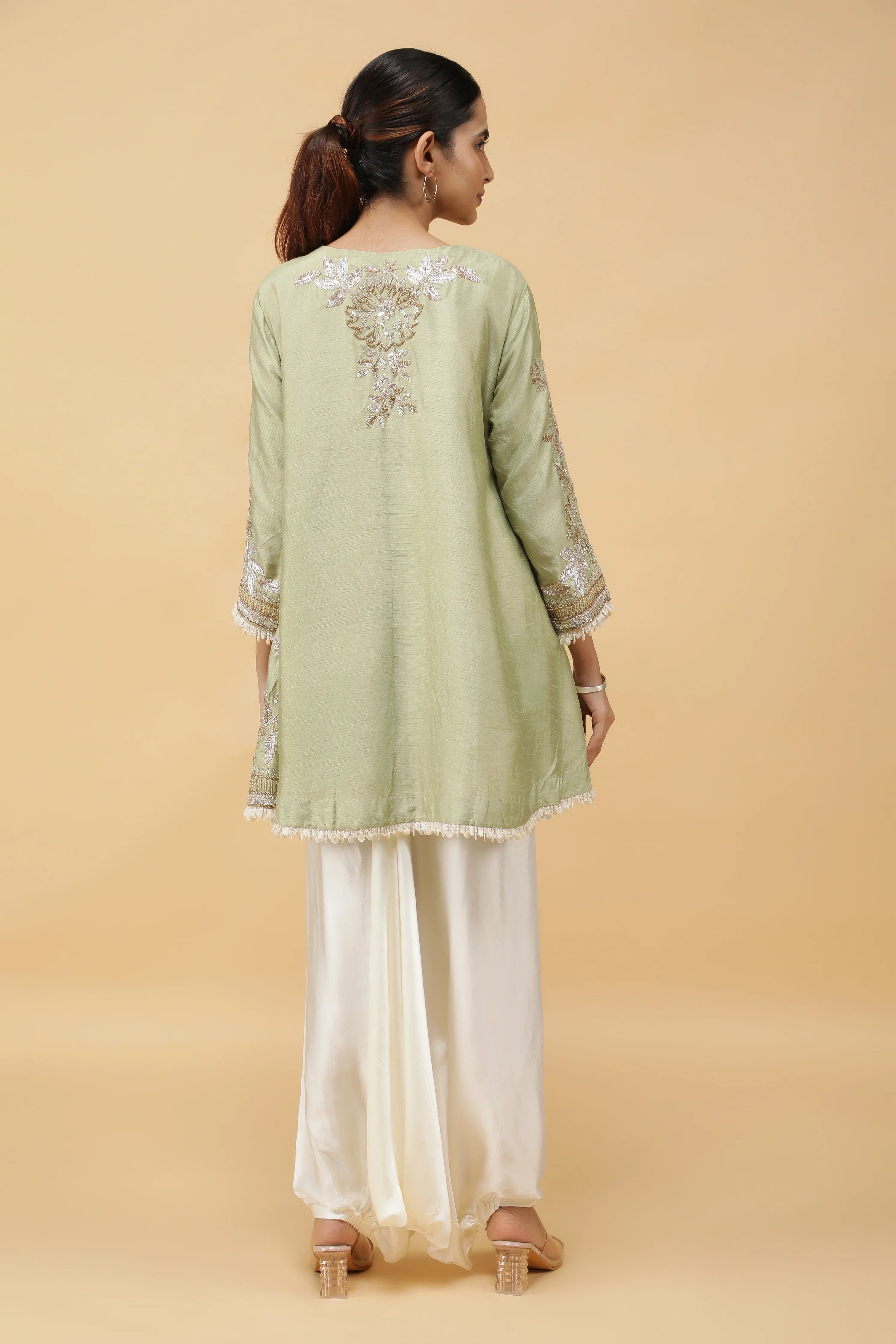 Pastel Green Silk Kurta Set with Ivory Dhoti Pants - Mokshaa
