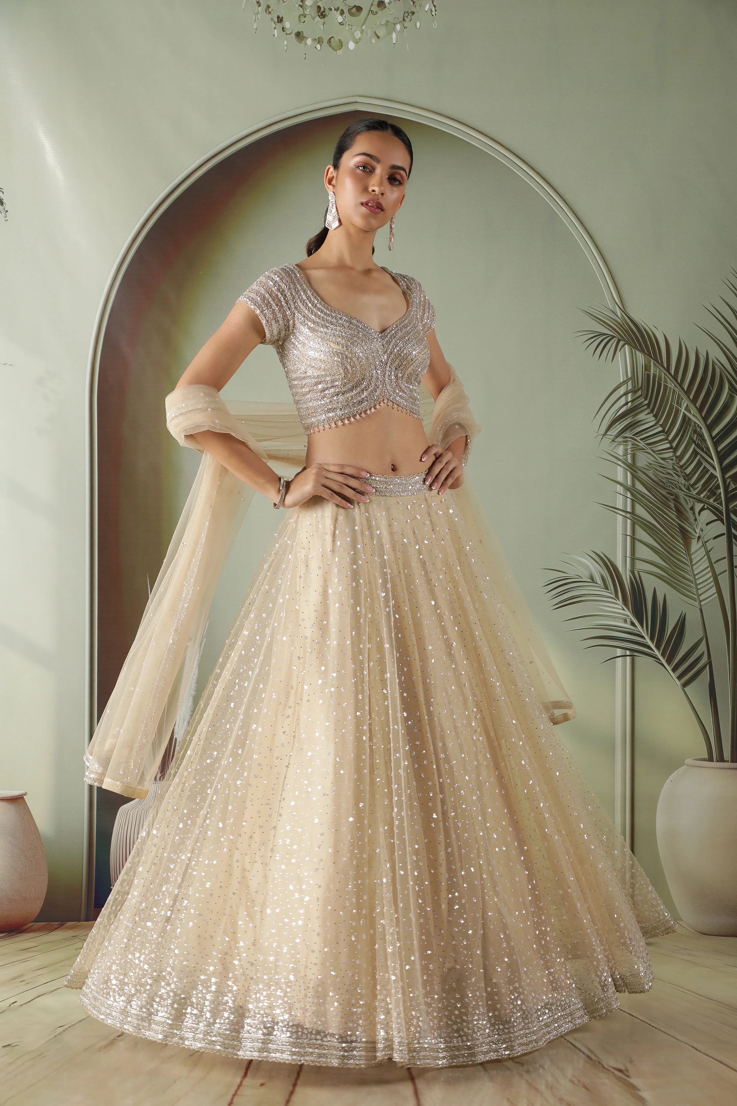 Champagne Gold Net Lehenga Set - Mokshaa