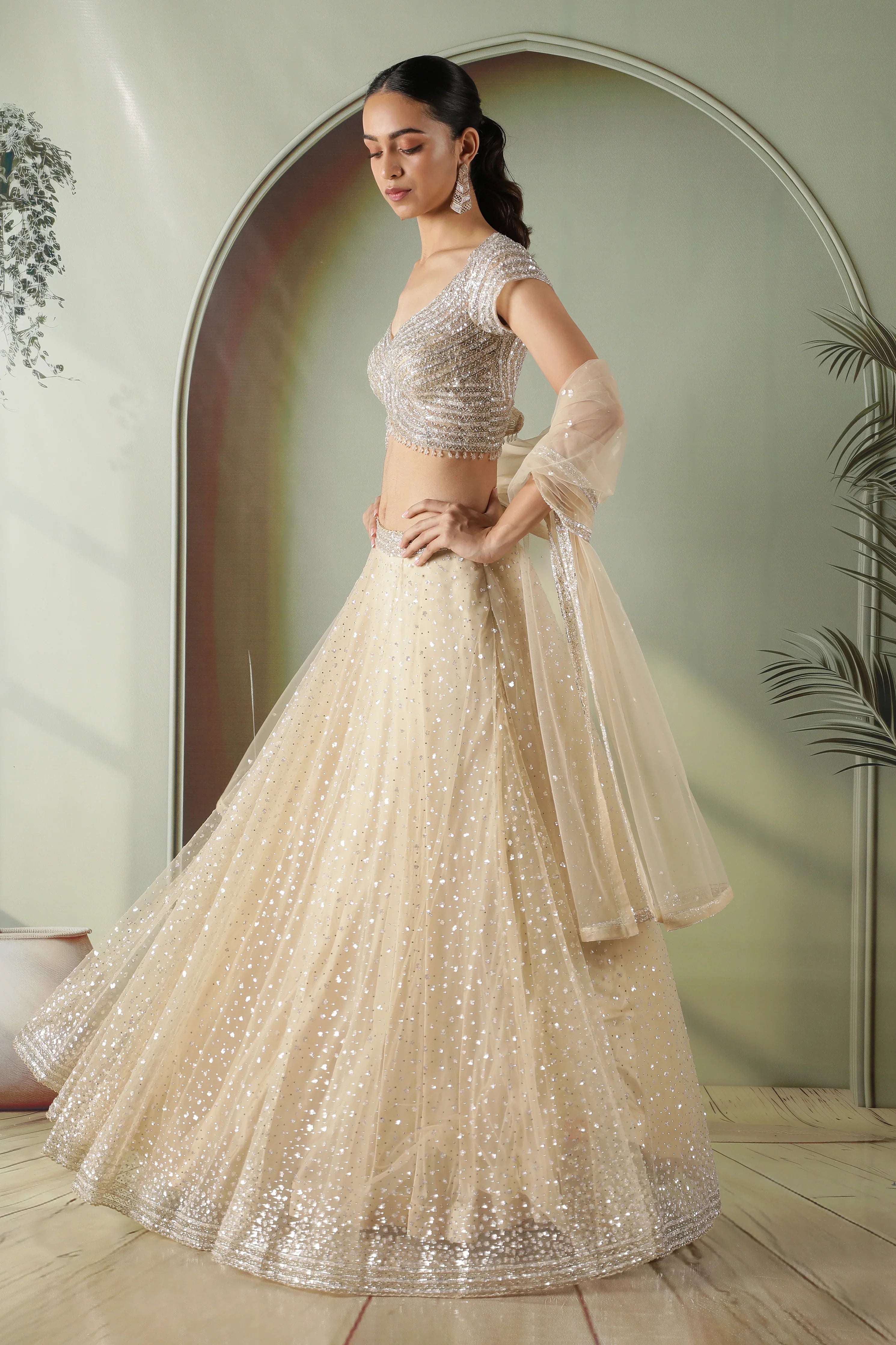 Champagne Gold Net Lehenga Set - Mokshaa