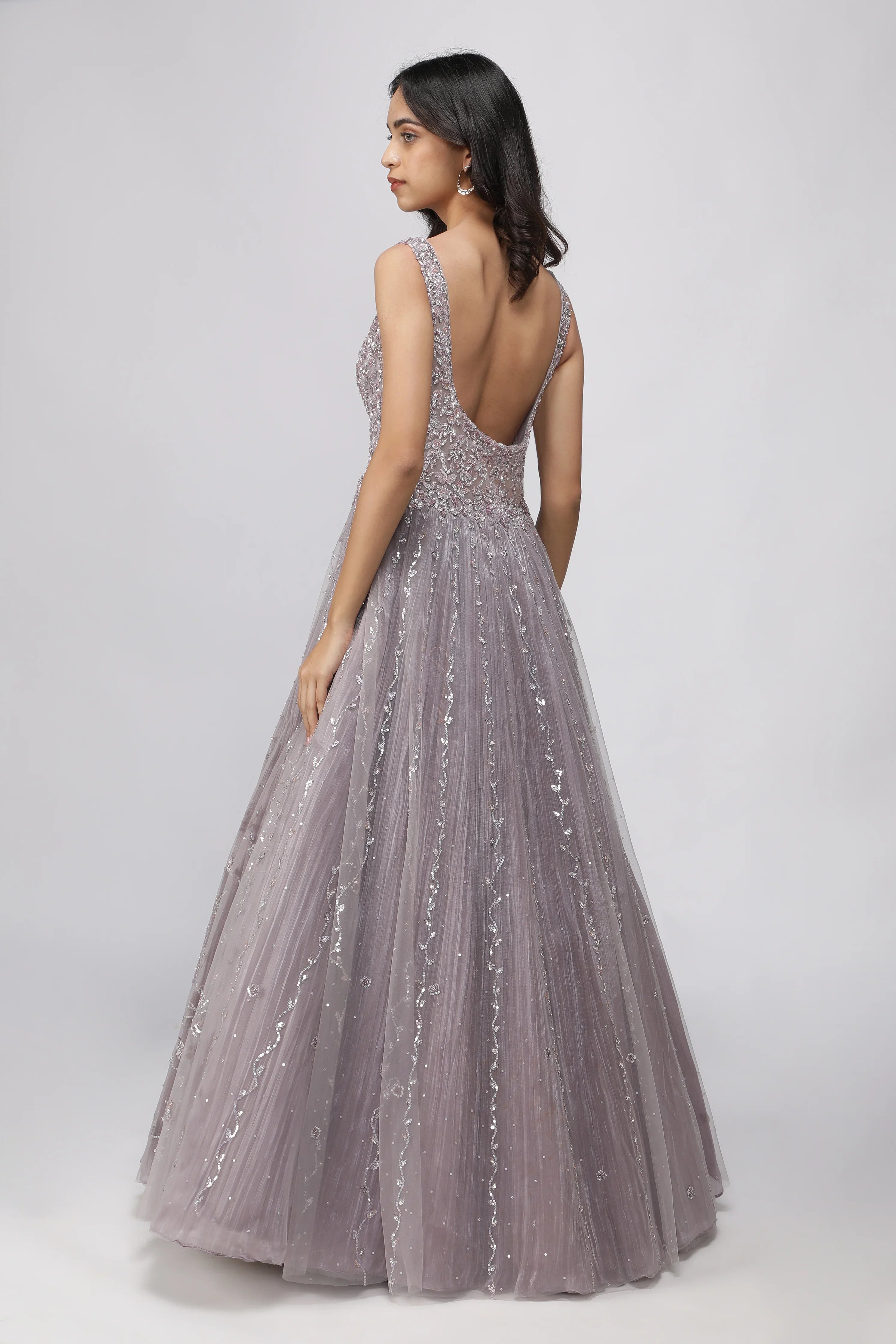 Lavender Net Gown with Pearl and Sequin Embroidery - Mokshaa