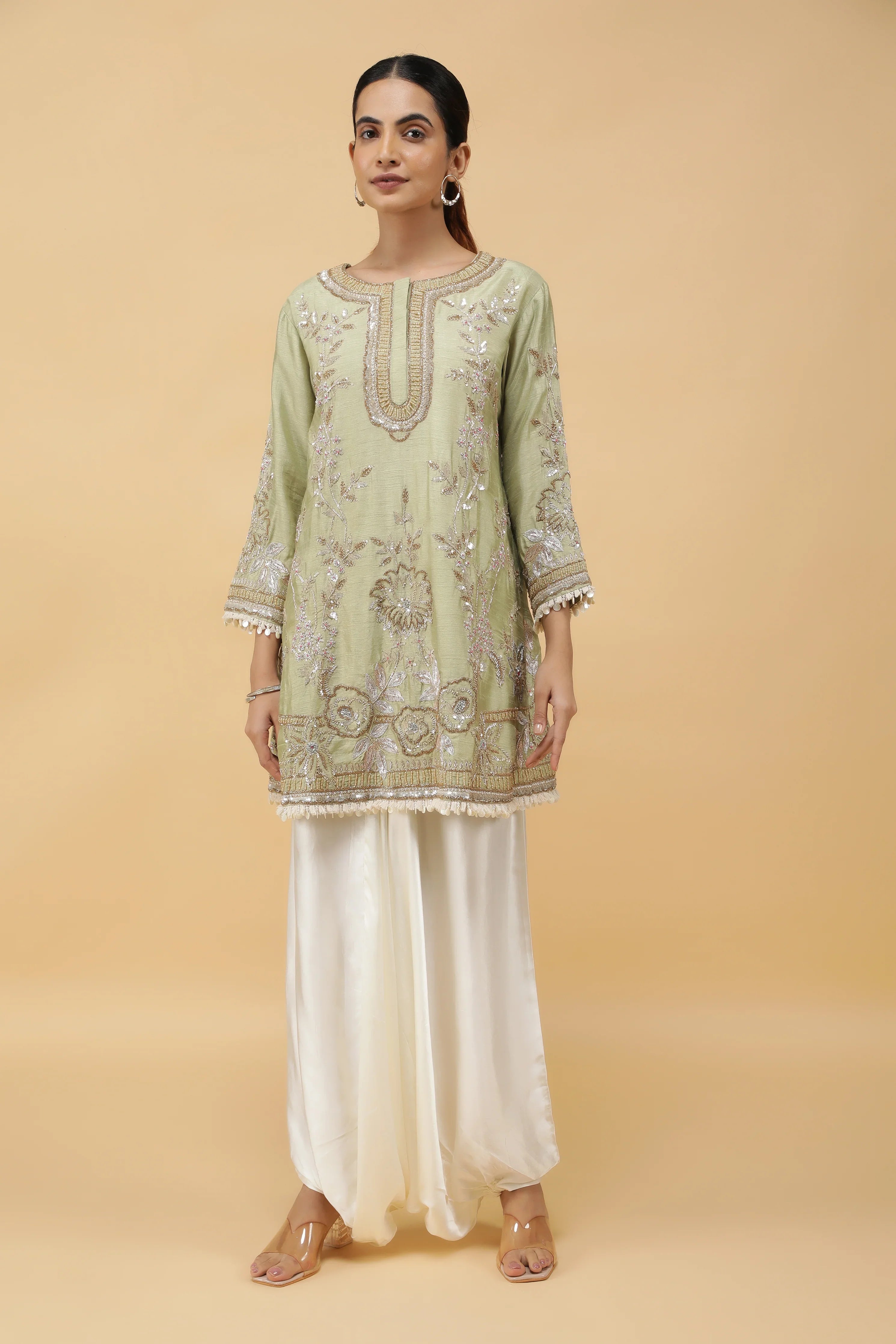 Pastel Green Silk Kurta Set with Ivory Dhoti Pants - Mokshaa