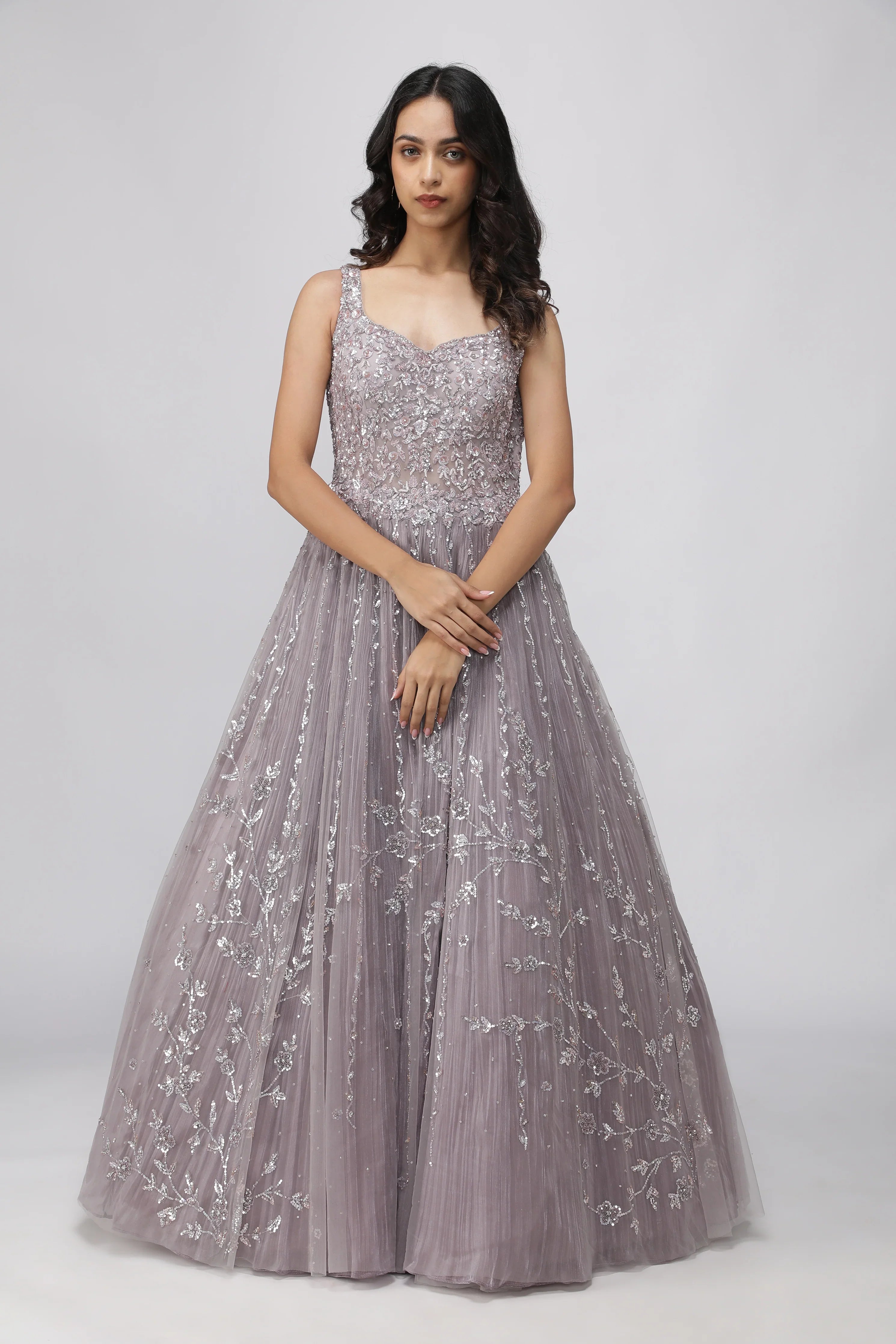 Lavender Net Gown with Pearl and Sequin Embroidery - Mokshaa