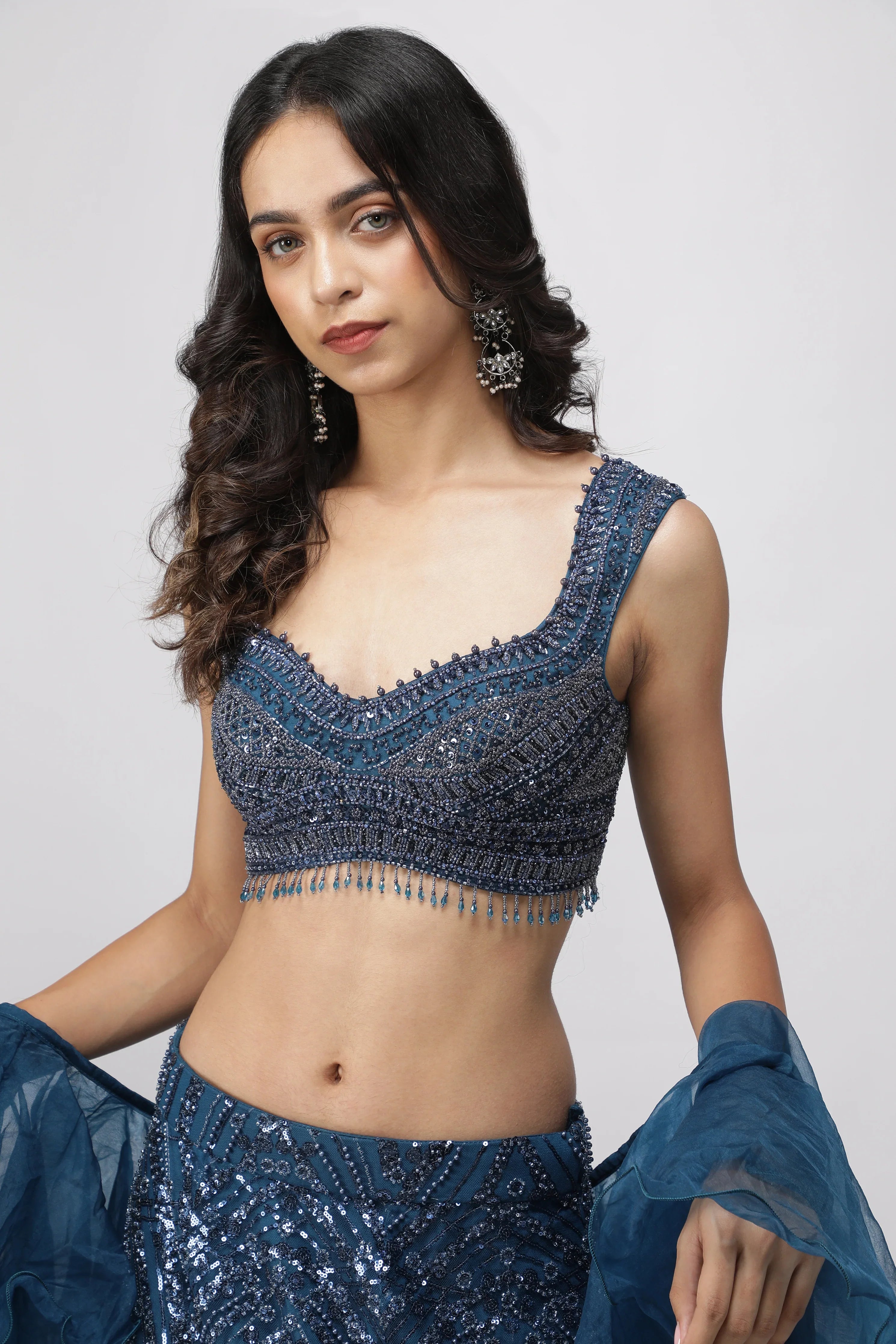 Electric Blue Net Mermaid Cut Lehenga Set - Mokshaa
