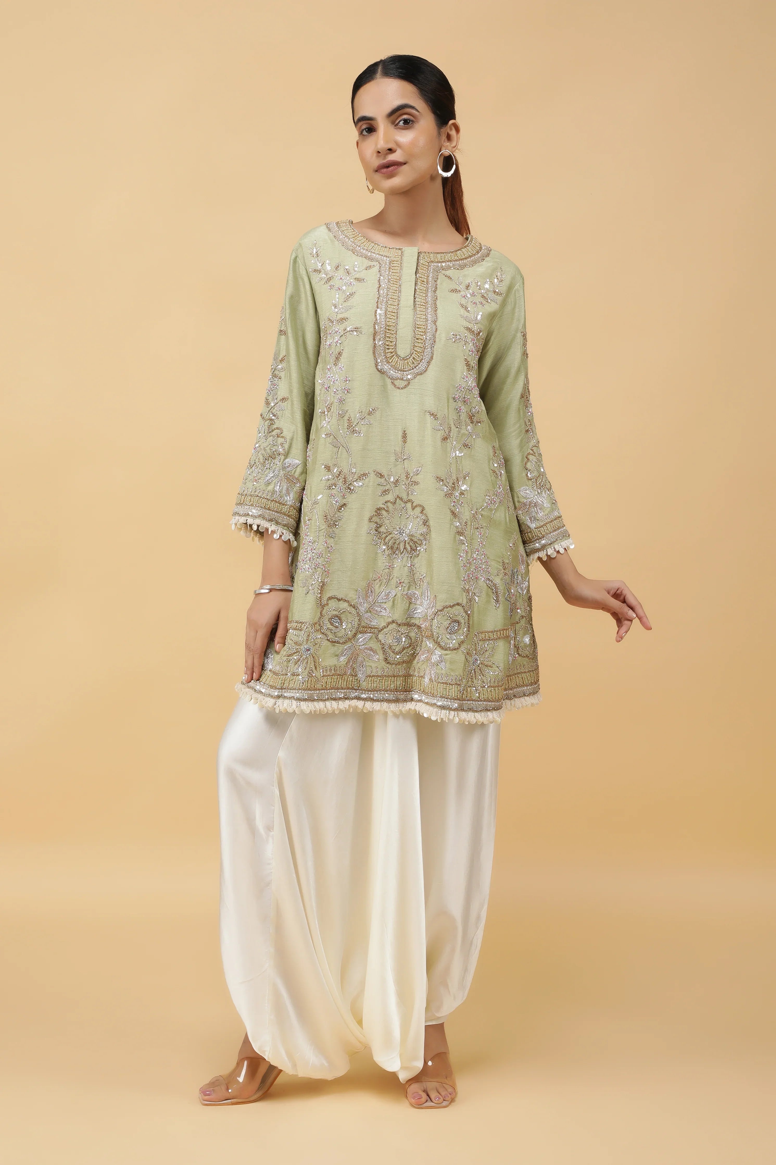 Pastel Green Silk Kurta Set with Ivory Dhoti Pants - Mokshaa