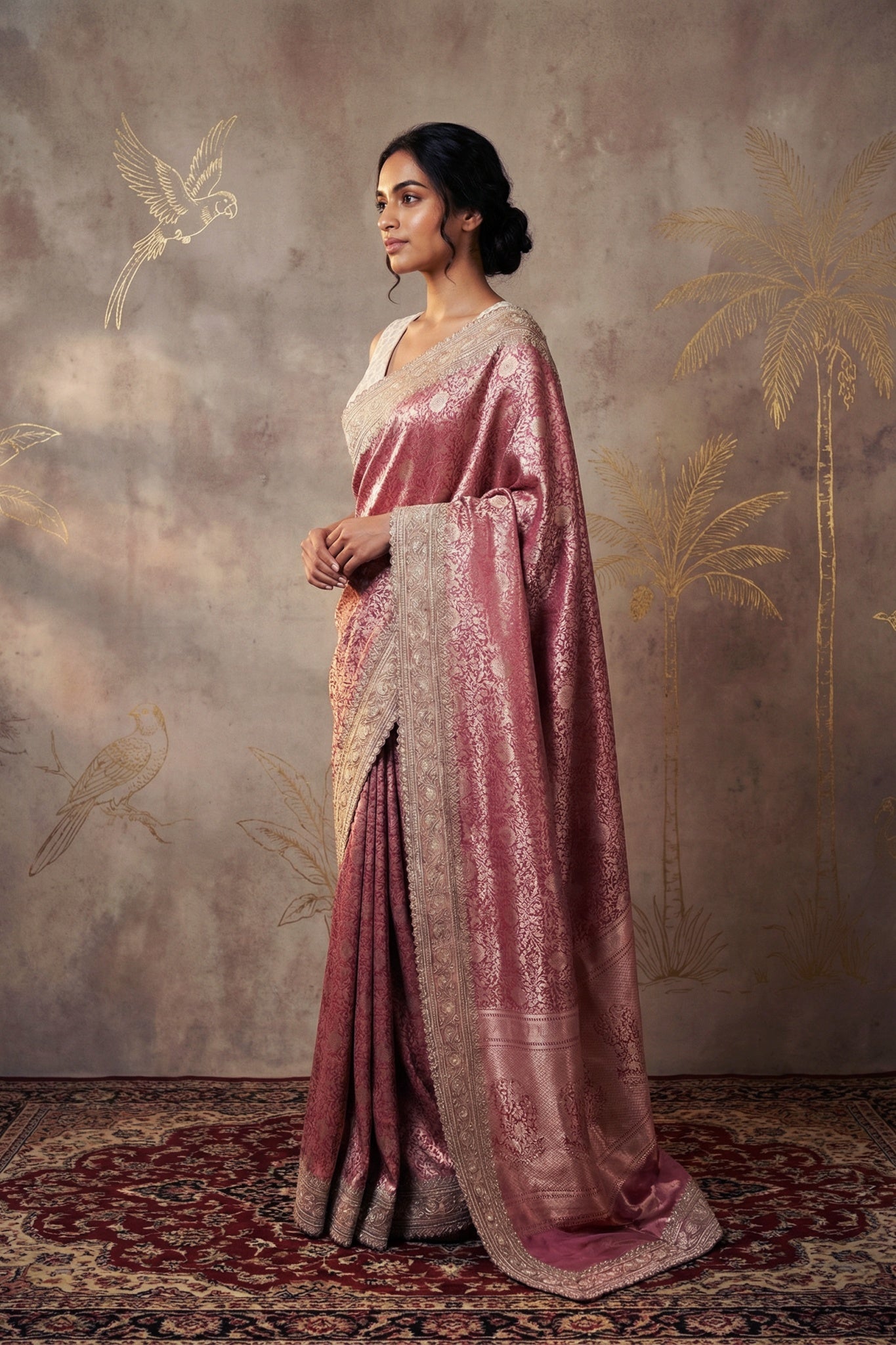 Pink Banarasi Silk Saree with Jaal Zari & Pearl Embellished Border - Mokshaa