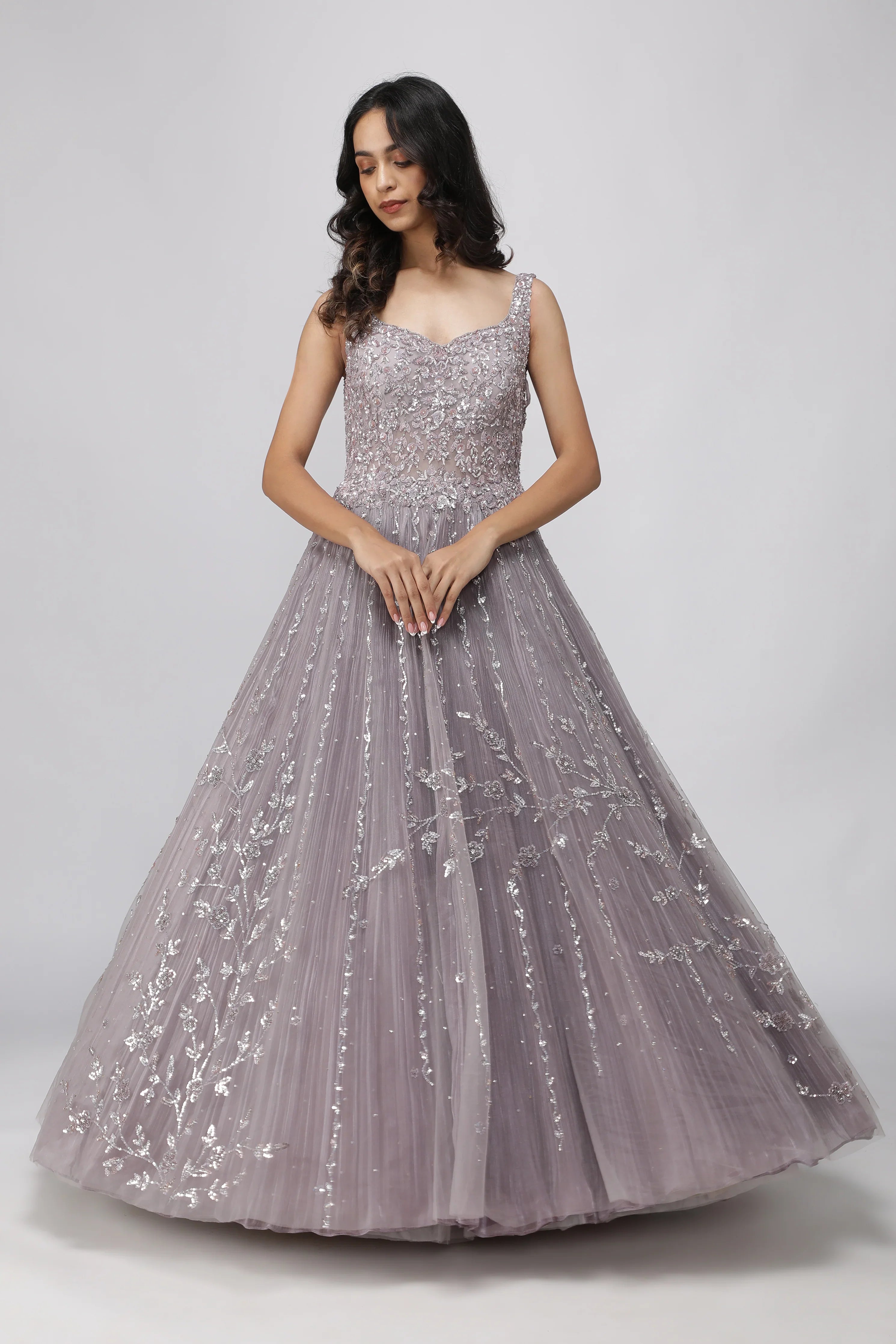 Lavender Net Gown with Pearl and Sequin Embroidery - Mokshaa