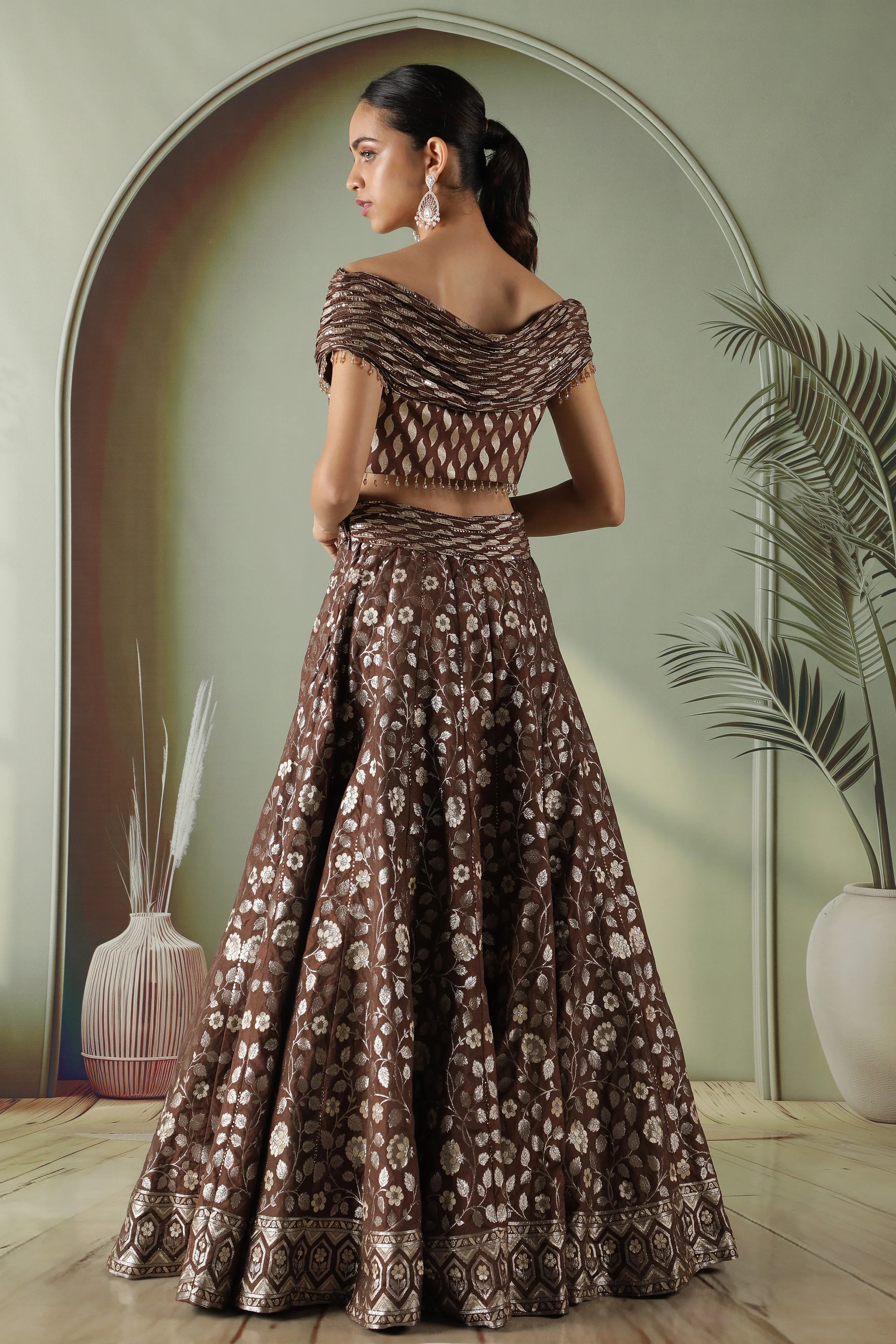 Coffee brown Banarasi silk lehenga set - Mokshaa