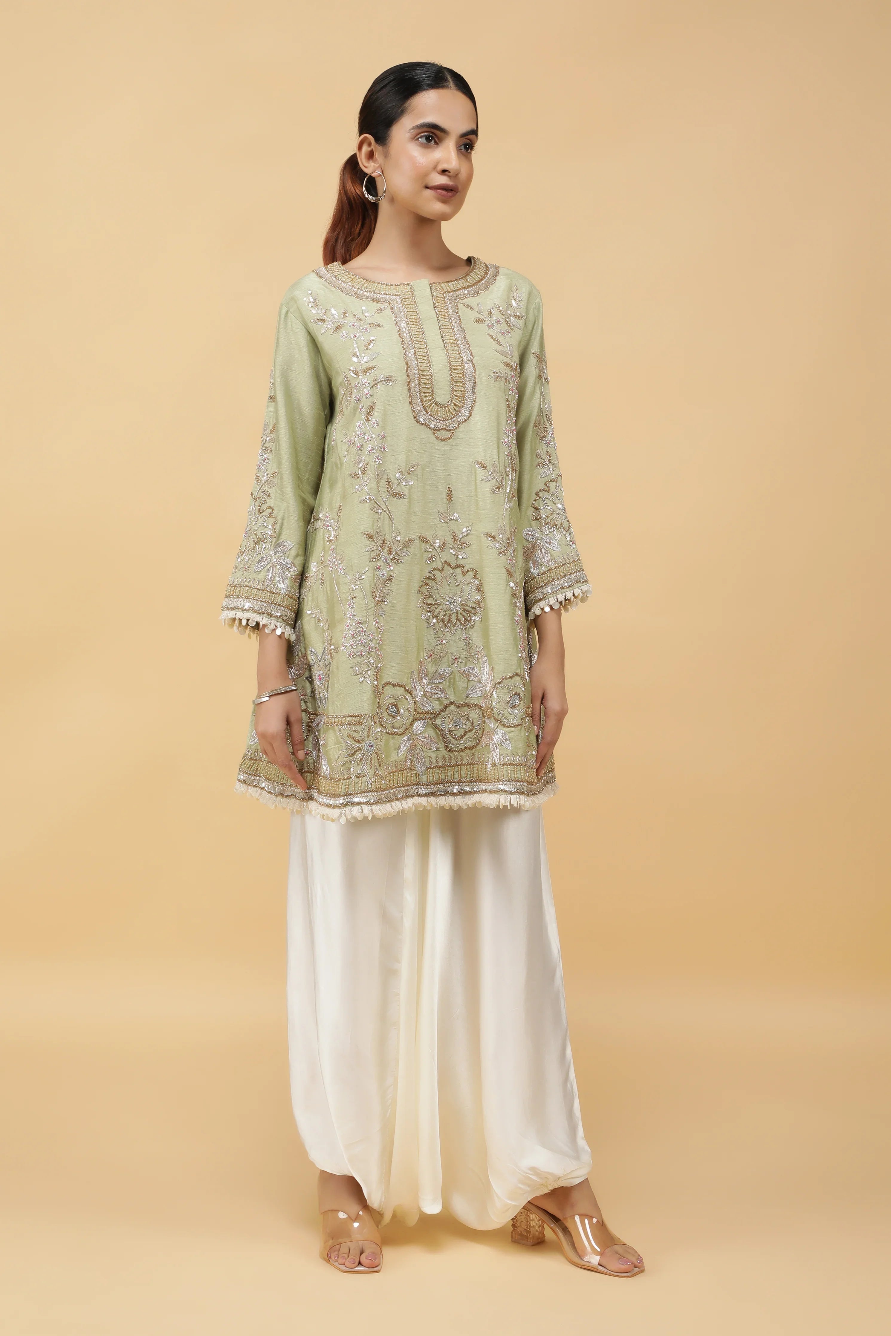 Pastel Green Silk Kurta Set with Ivory Dhoti Pants - Mokshaa