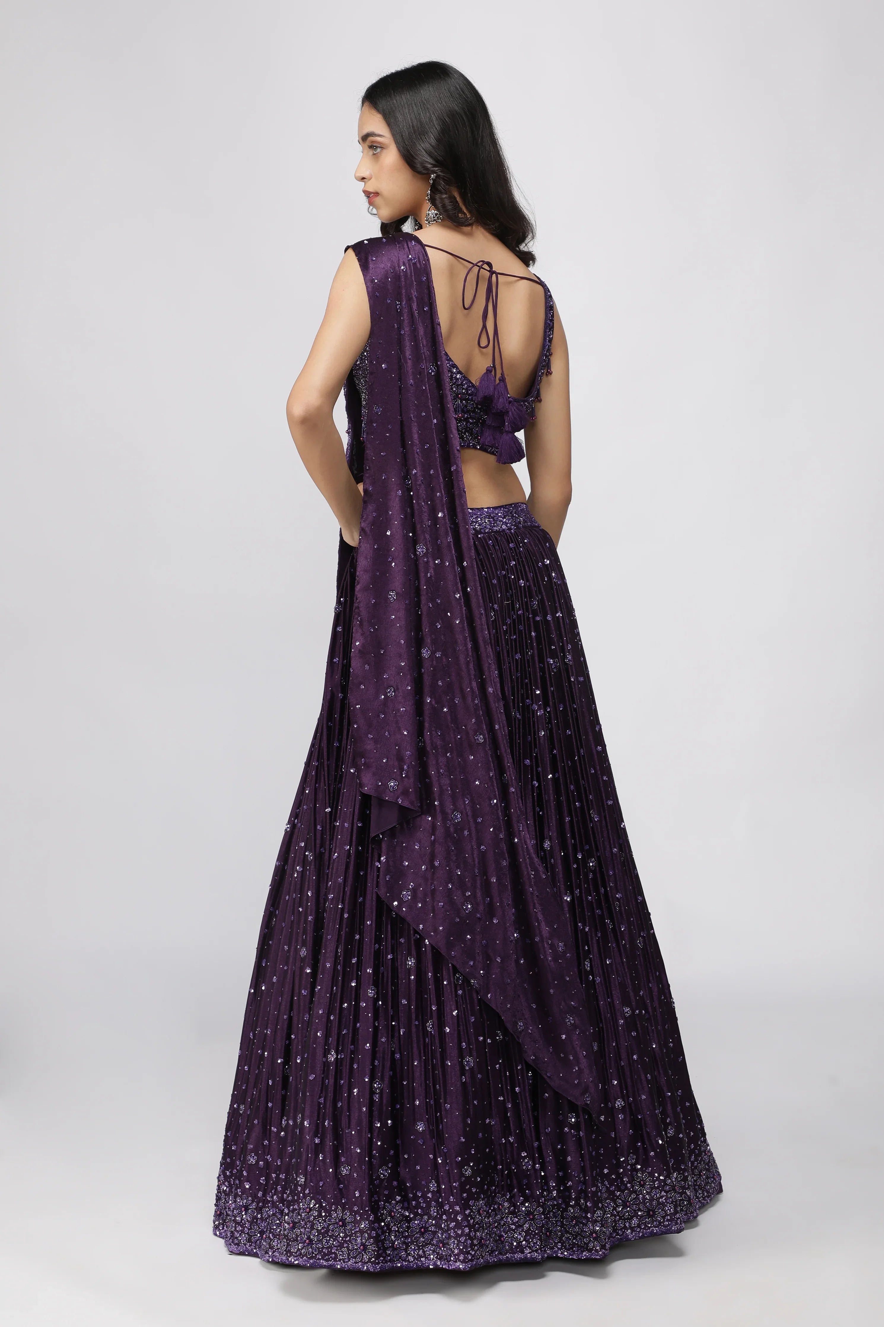 Wine Silk Drape Lehenga Set - Mokshaa
