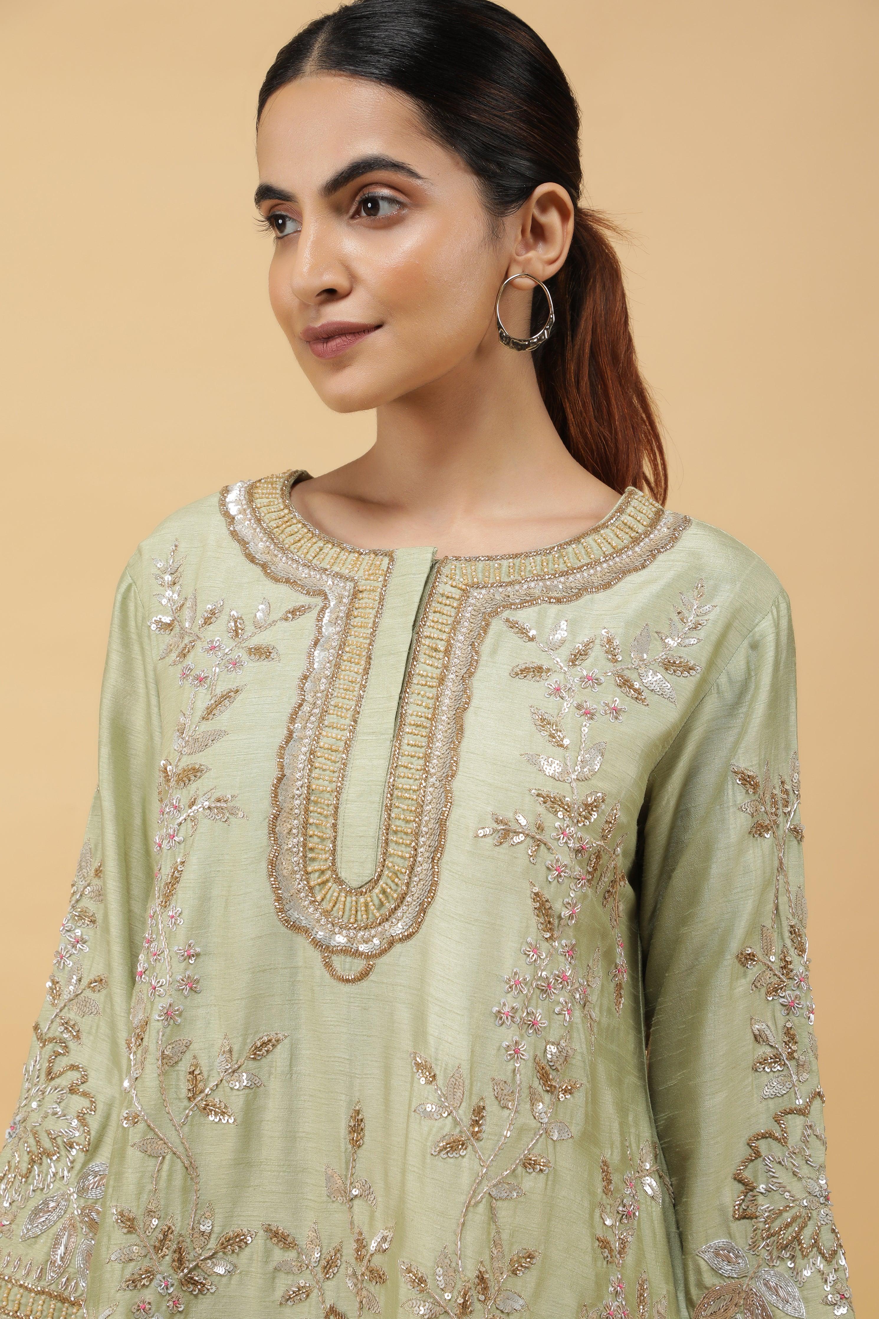 Pastel Green Silk Kurta Set with Ivory Dhoti Pants - Mokshaa