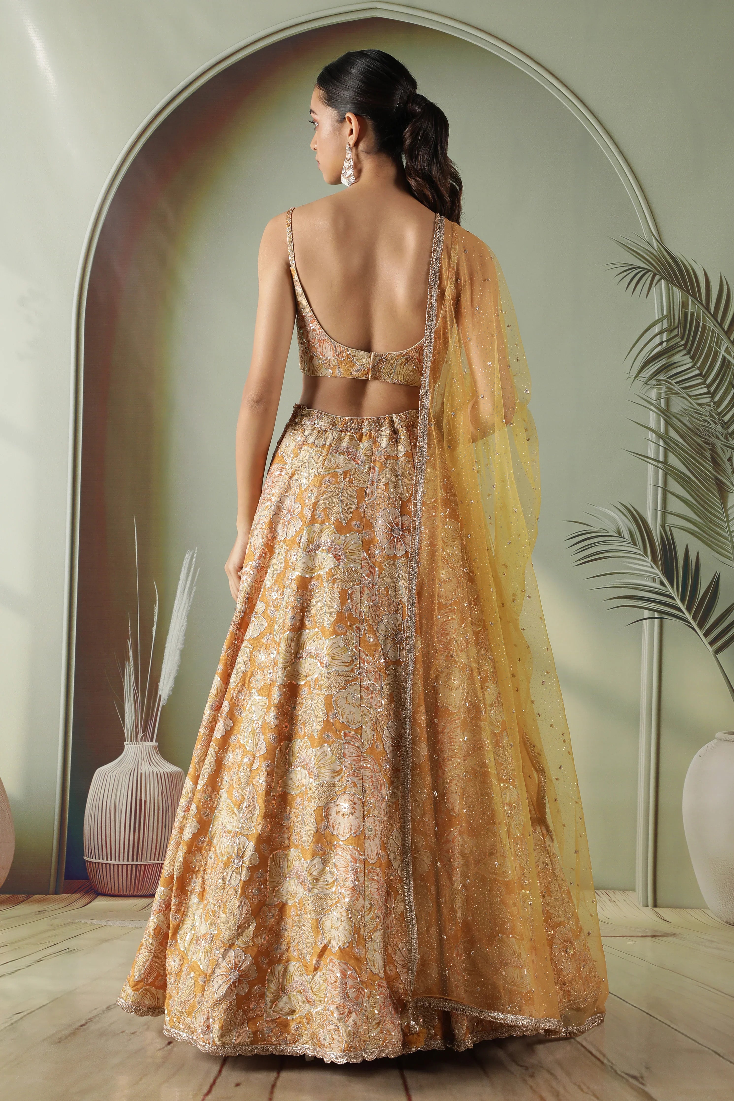 Golden Printed Tissue Lehenga Set - Mokshaa