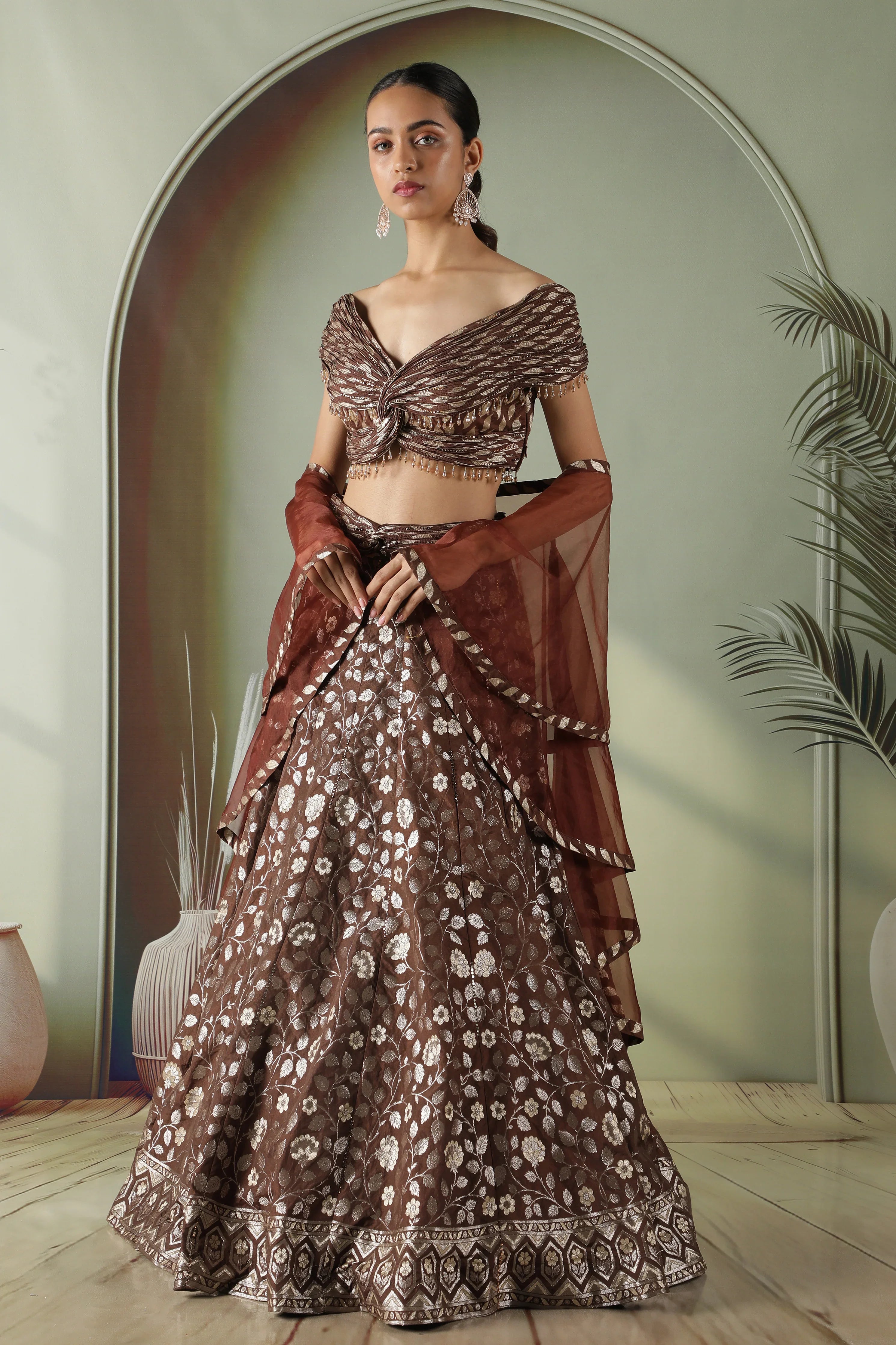 Coffee brown Banarasi silk lehenga set - Mokshaa