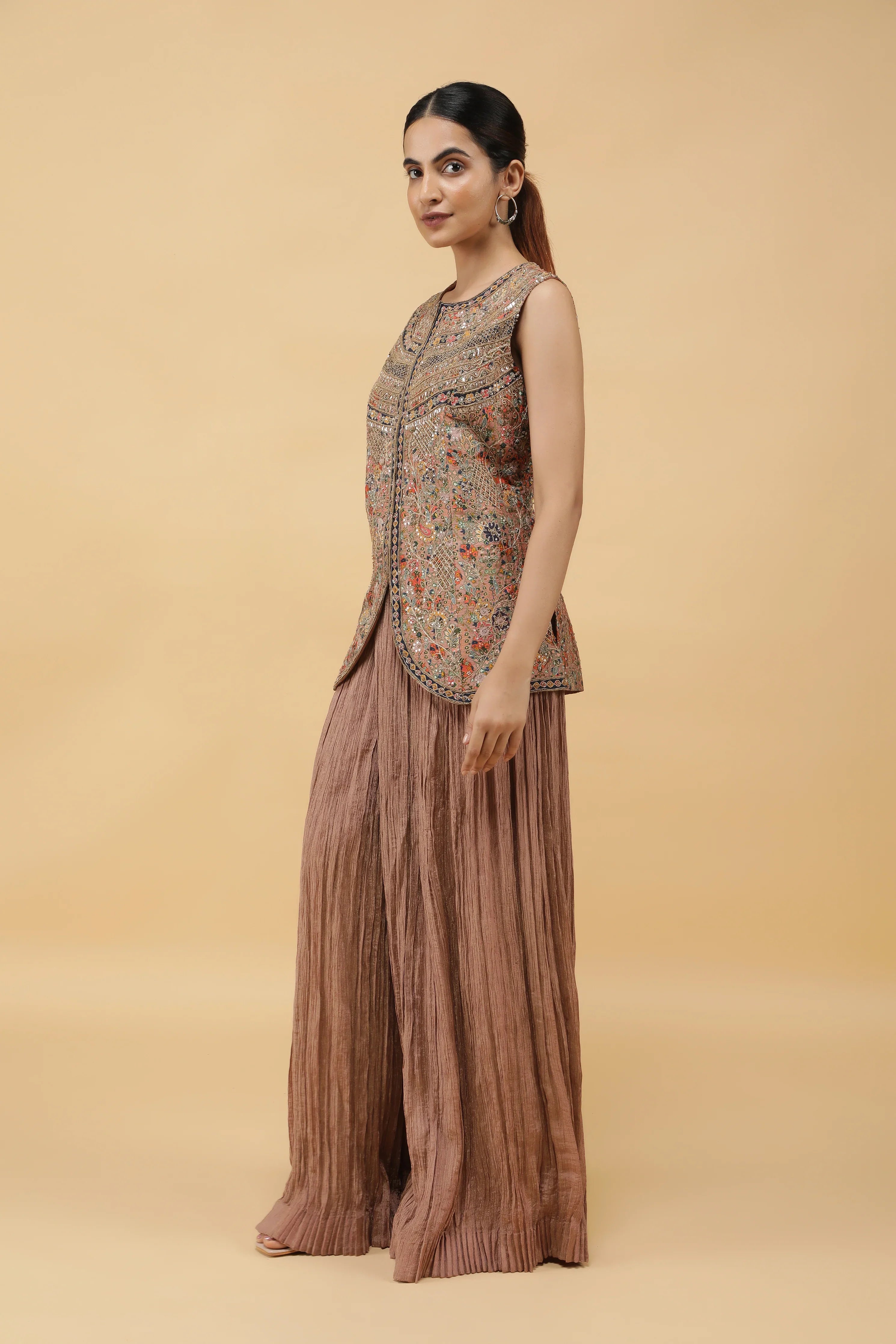 Dusty Rose Tissue Silk Printed Top with Zari & Pearl Highlights and Palazzo - Mokshaa