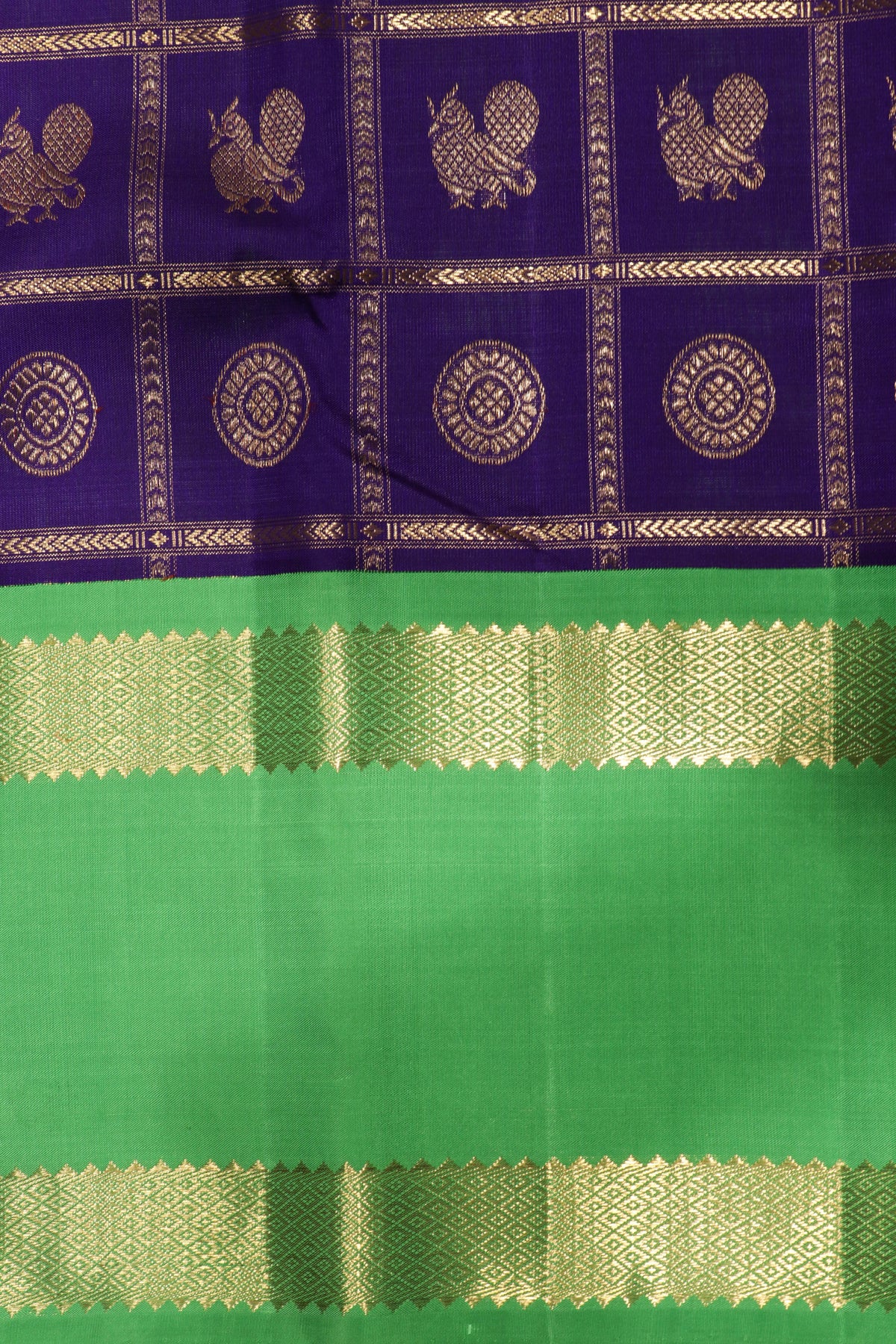 Royal Blue and Contrast Green Kanchivaram Silk Saree - Mokshaa