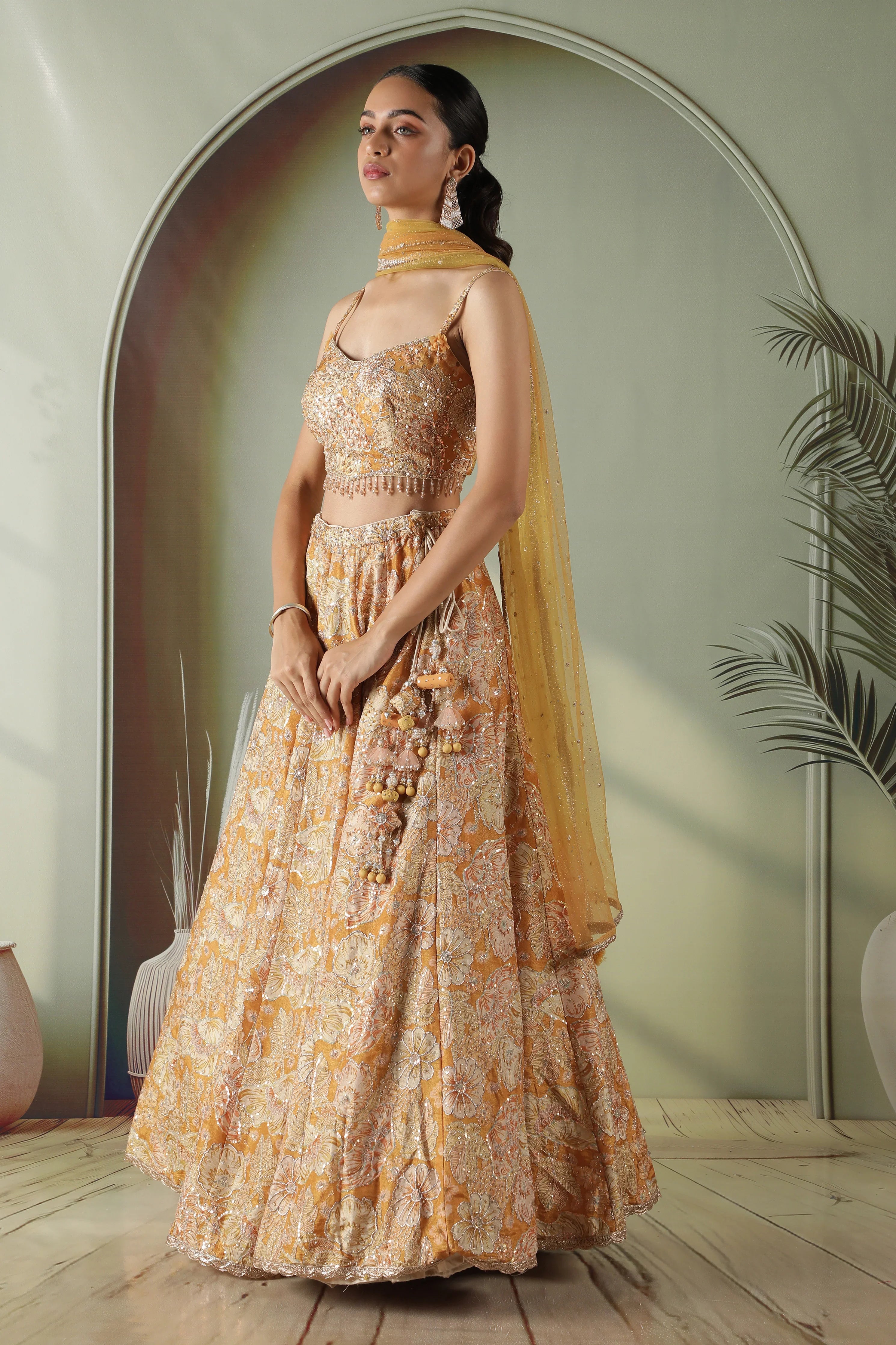 Golden Printed Tissue Lehenga Set - Mokshaa
