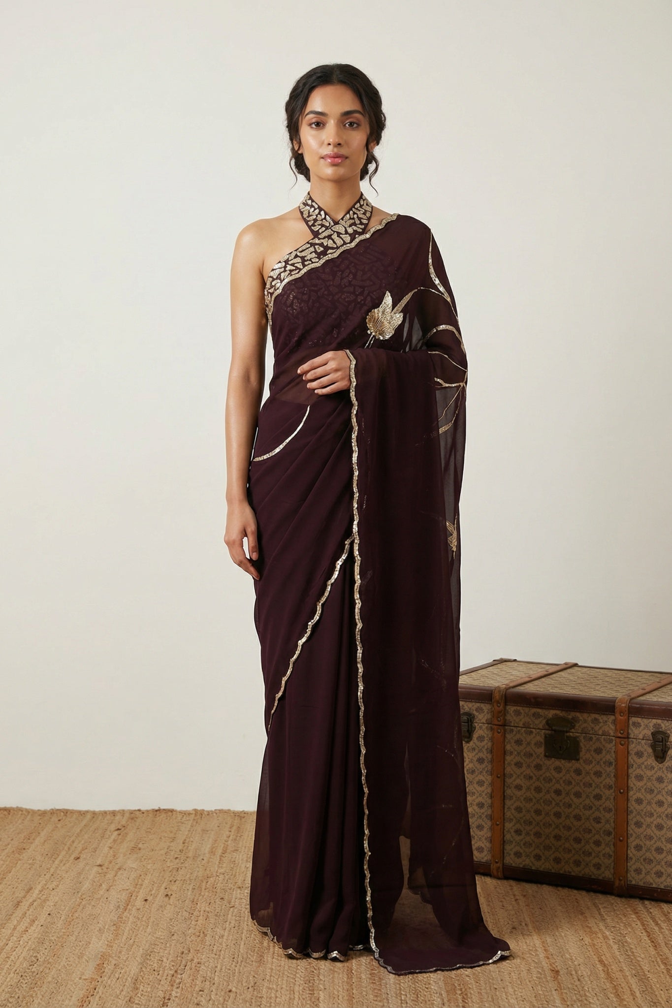 Coffee Brown Georgette Saree with Sequin Border - Mokshaa