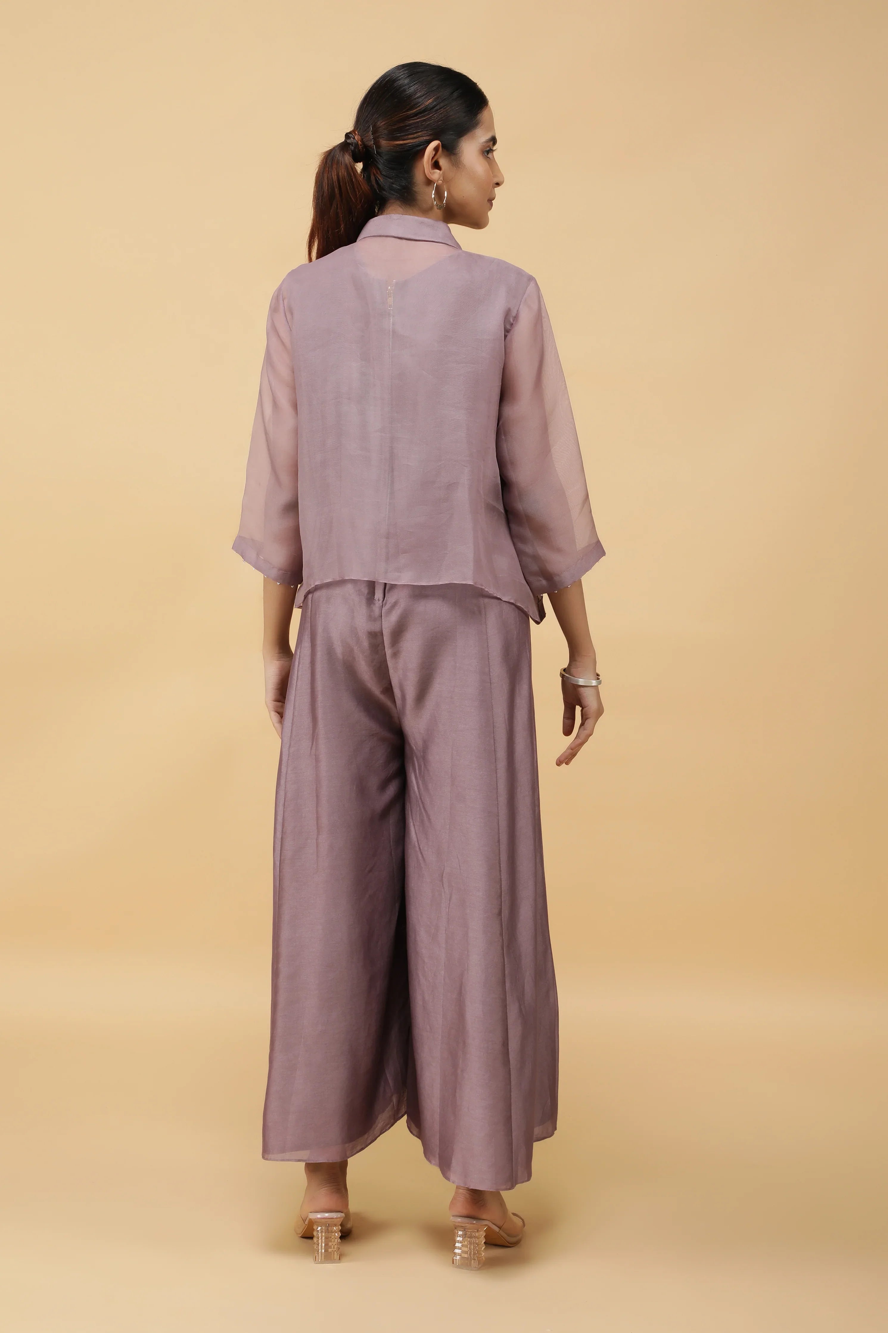 Dusty Rose Silk Jumpsuit with Embroidered Organza Top - Mokshaa