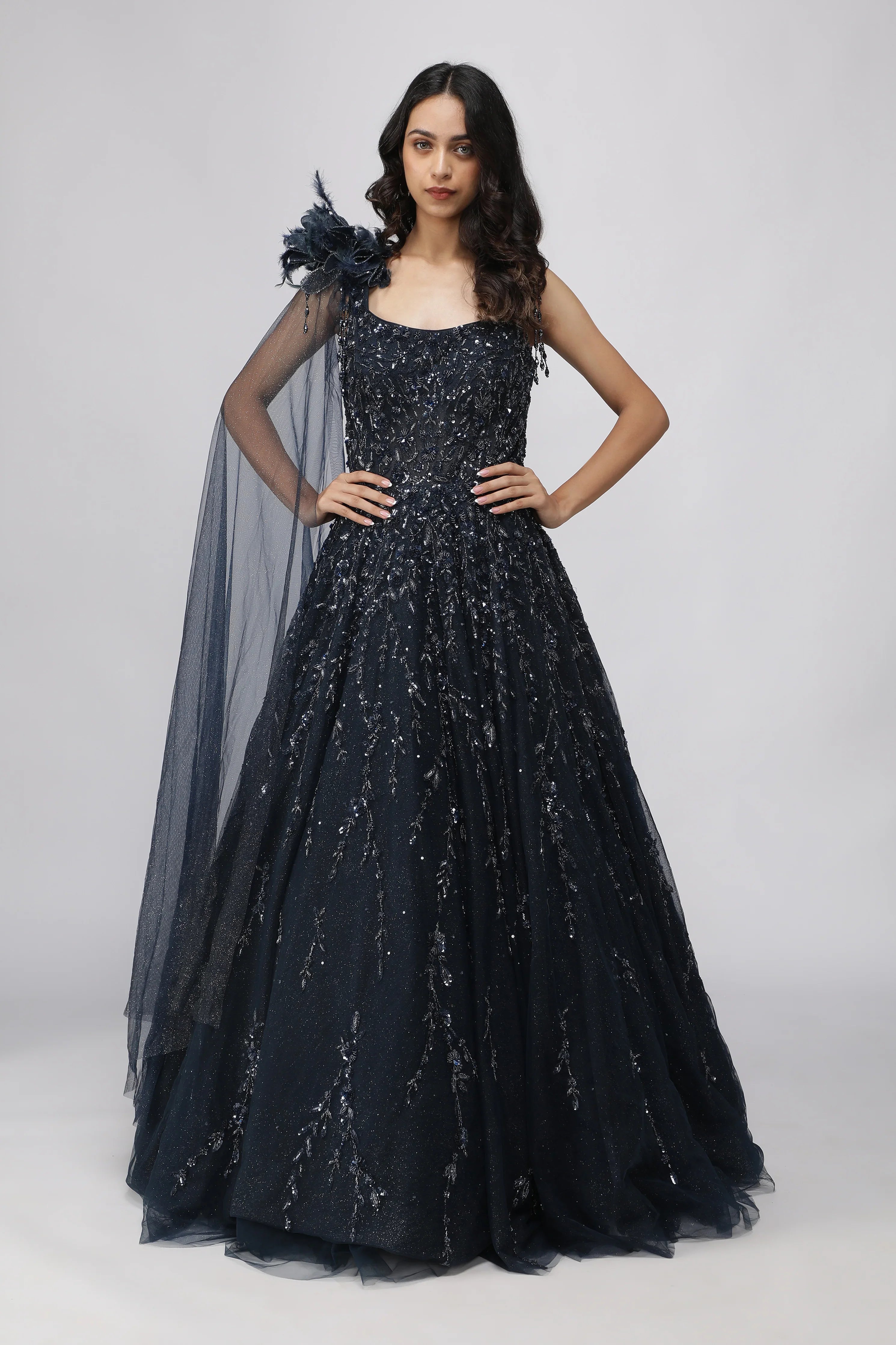 Navy Blue Net Gown with Sequin, Cutdana & Pearl Embellishments - Mokshaa