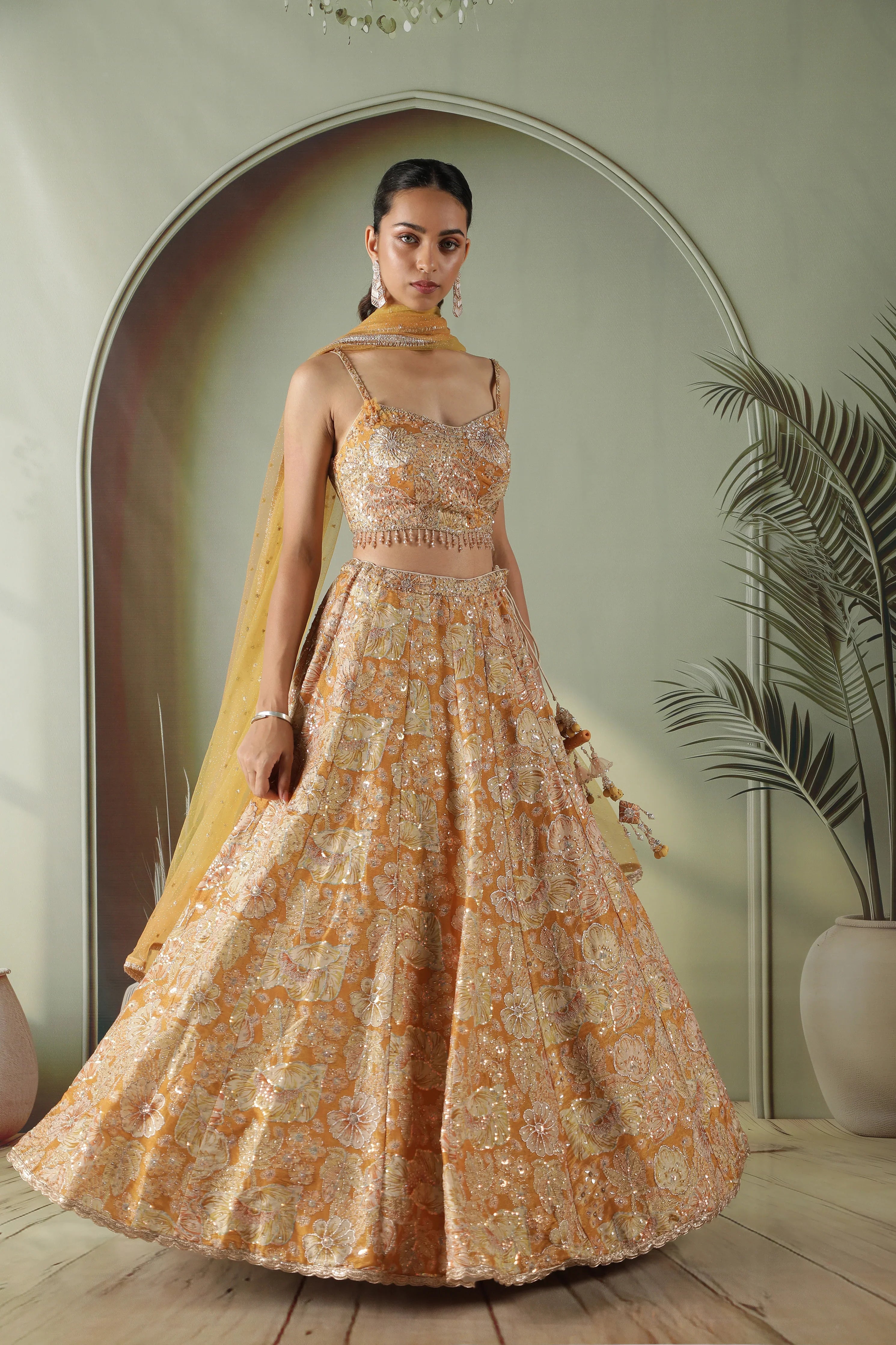 Golden Printed Tissue Lehenga Set - Mokshaa