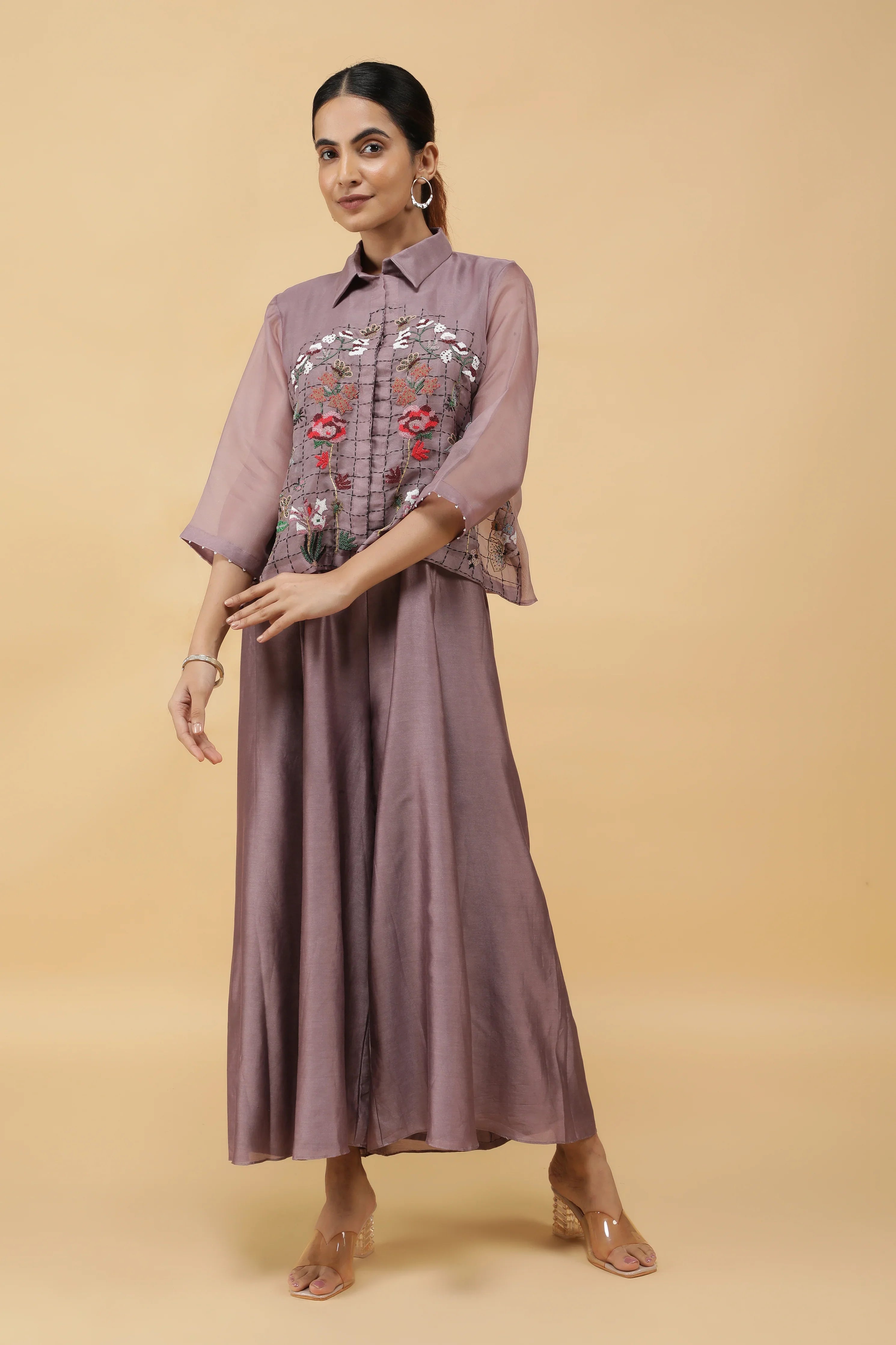 Dusty Rose Silk Jumpsuit with Embroidered Organza Top - Mokshaa