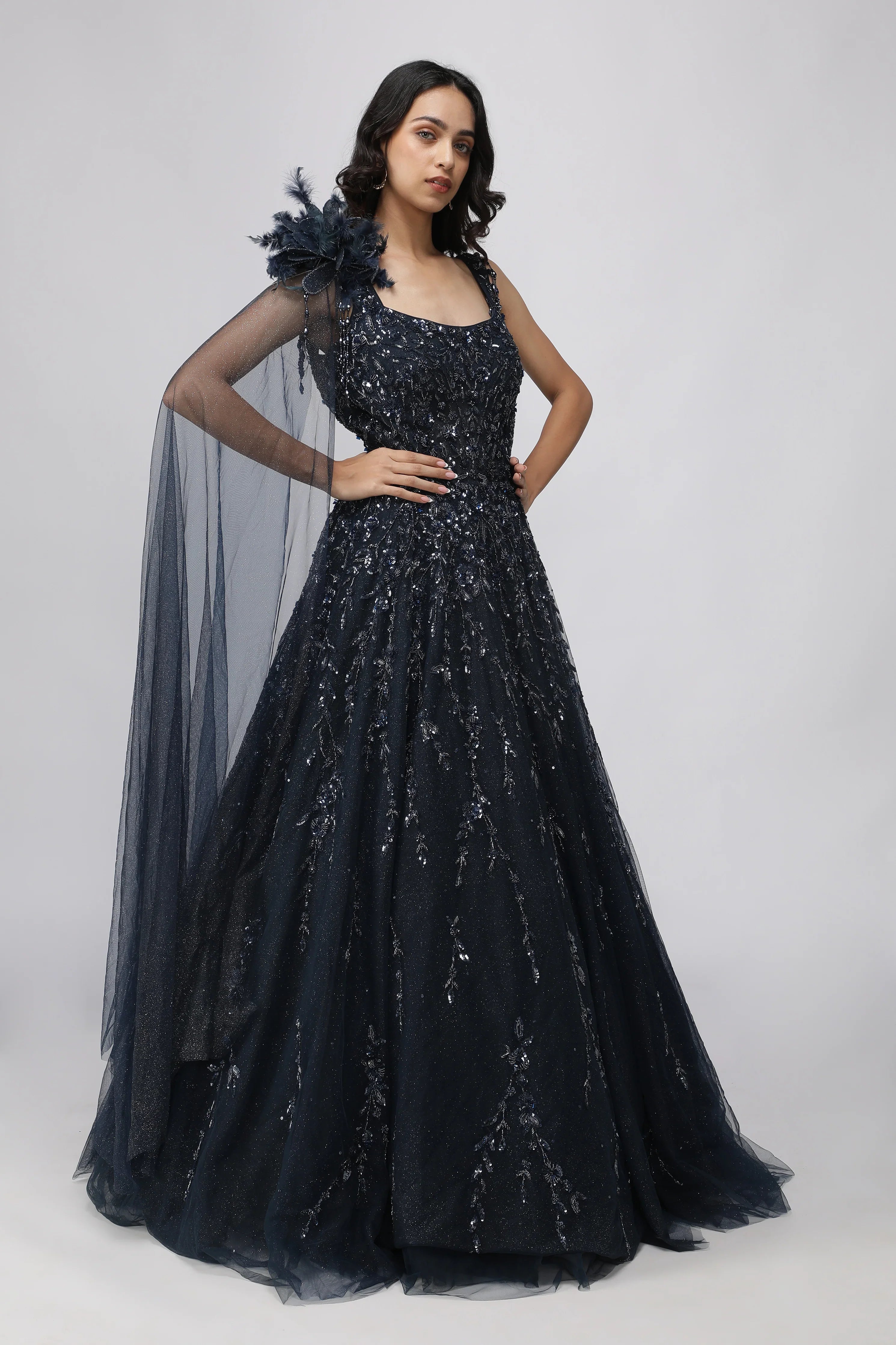 Navy Blue Net Gown with Sequin, Cutdana & Pearl Embellishments - Mokshaa