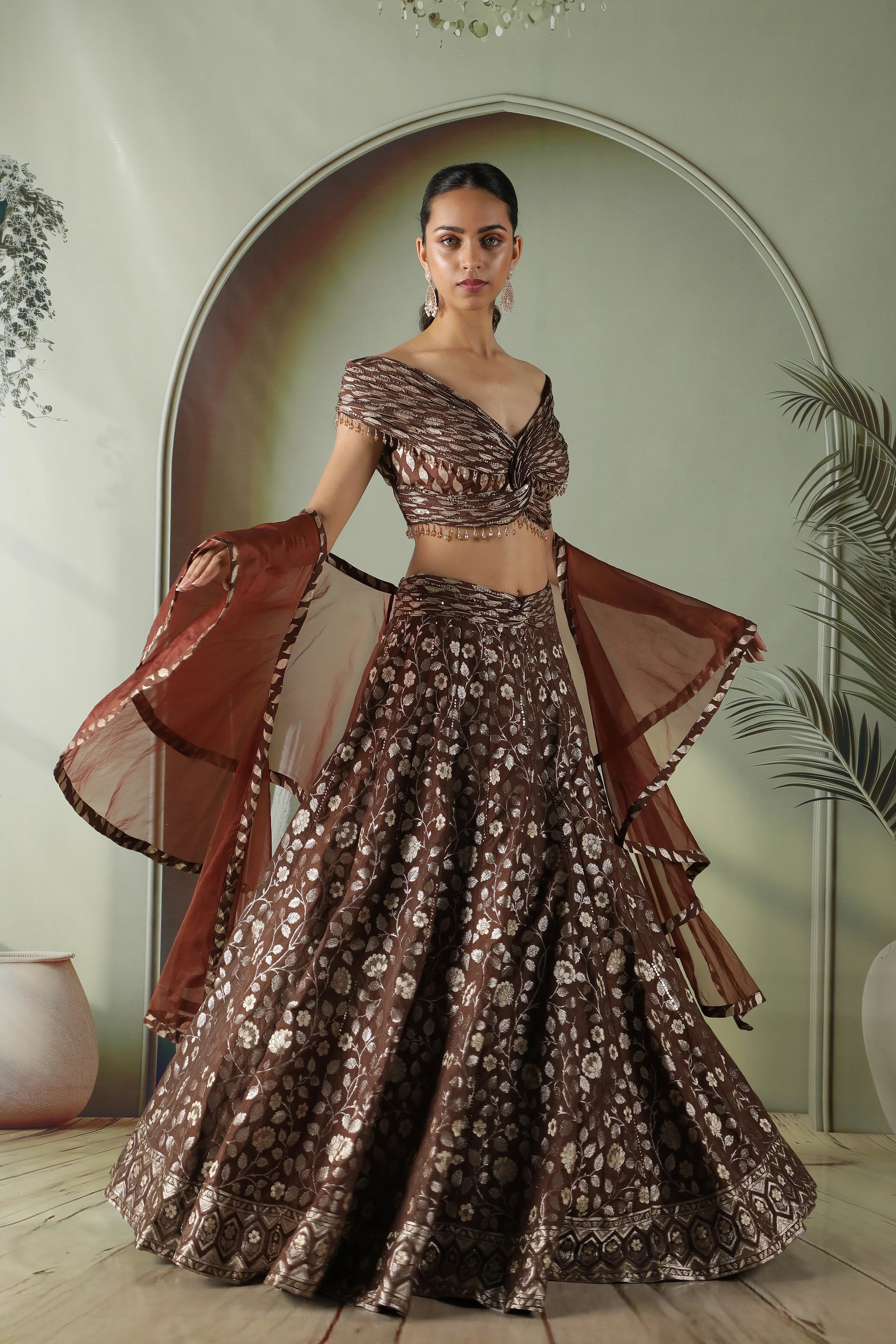 Coffee brown Banarasi silk lehenga set - Mokshaa