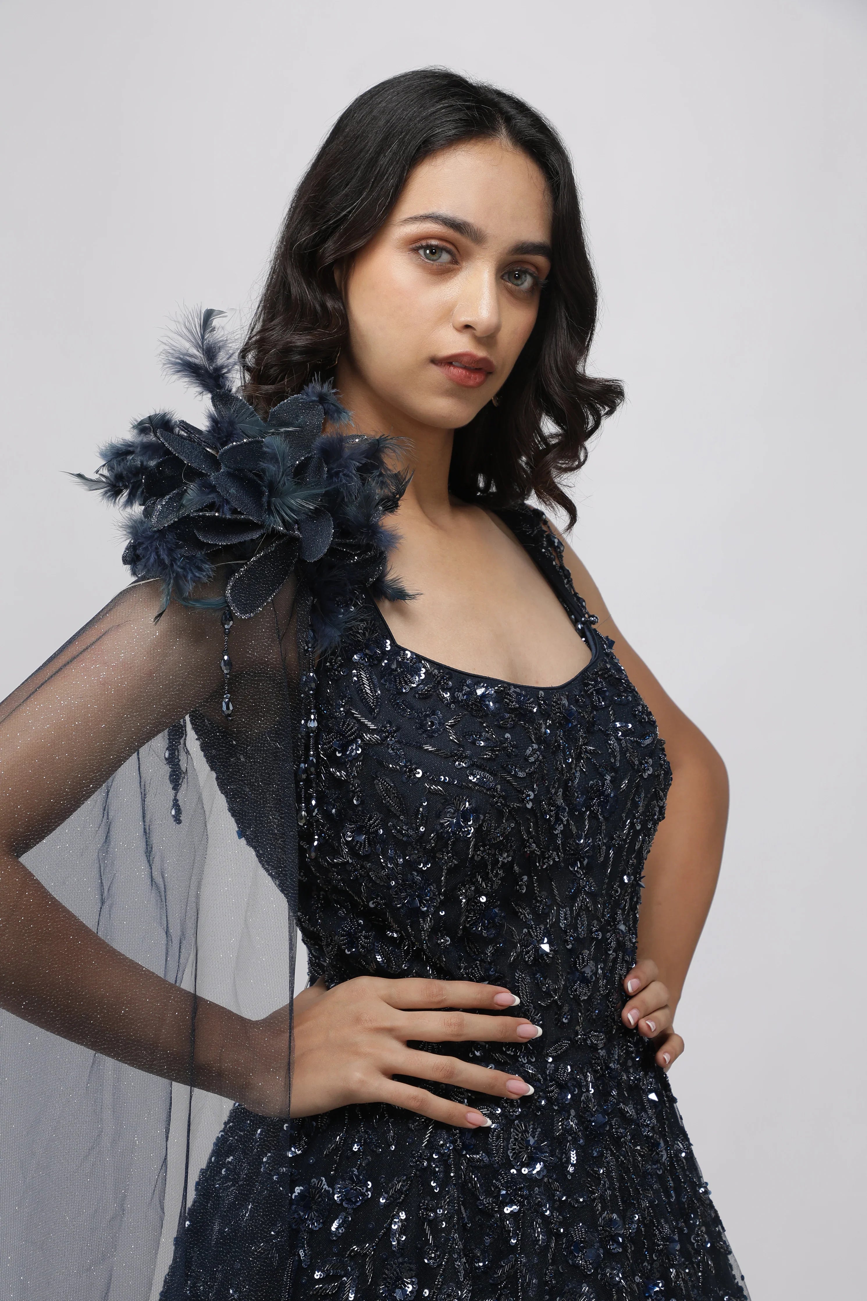 Navy Blue Net Gown with Sequin, Cutdana & Pearl Embellishments - Mokshaa