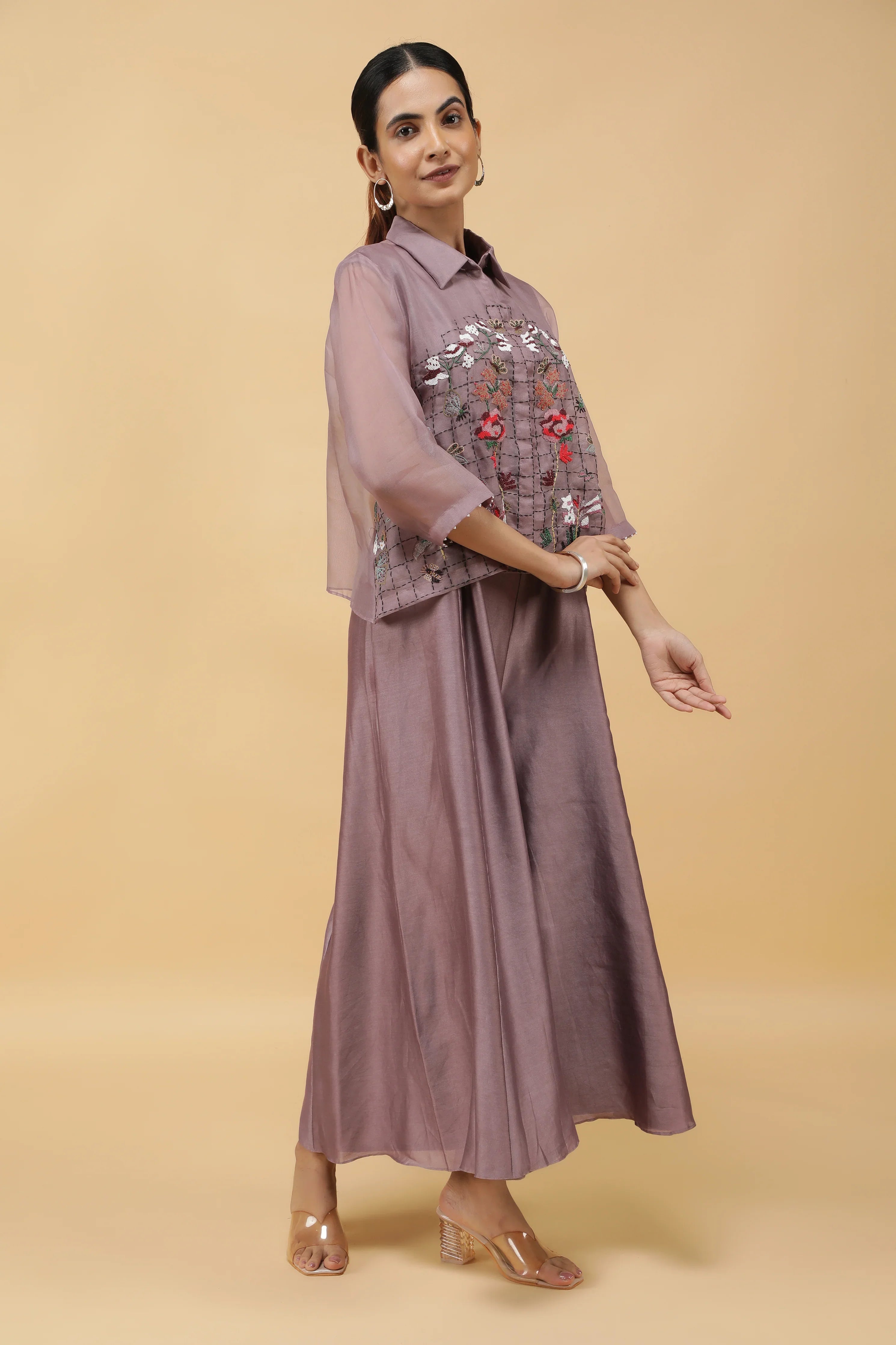 Dusty Rose Silk Jumpsuit with Embroidered Organza Top - Mokshaa