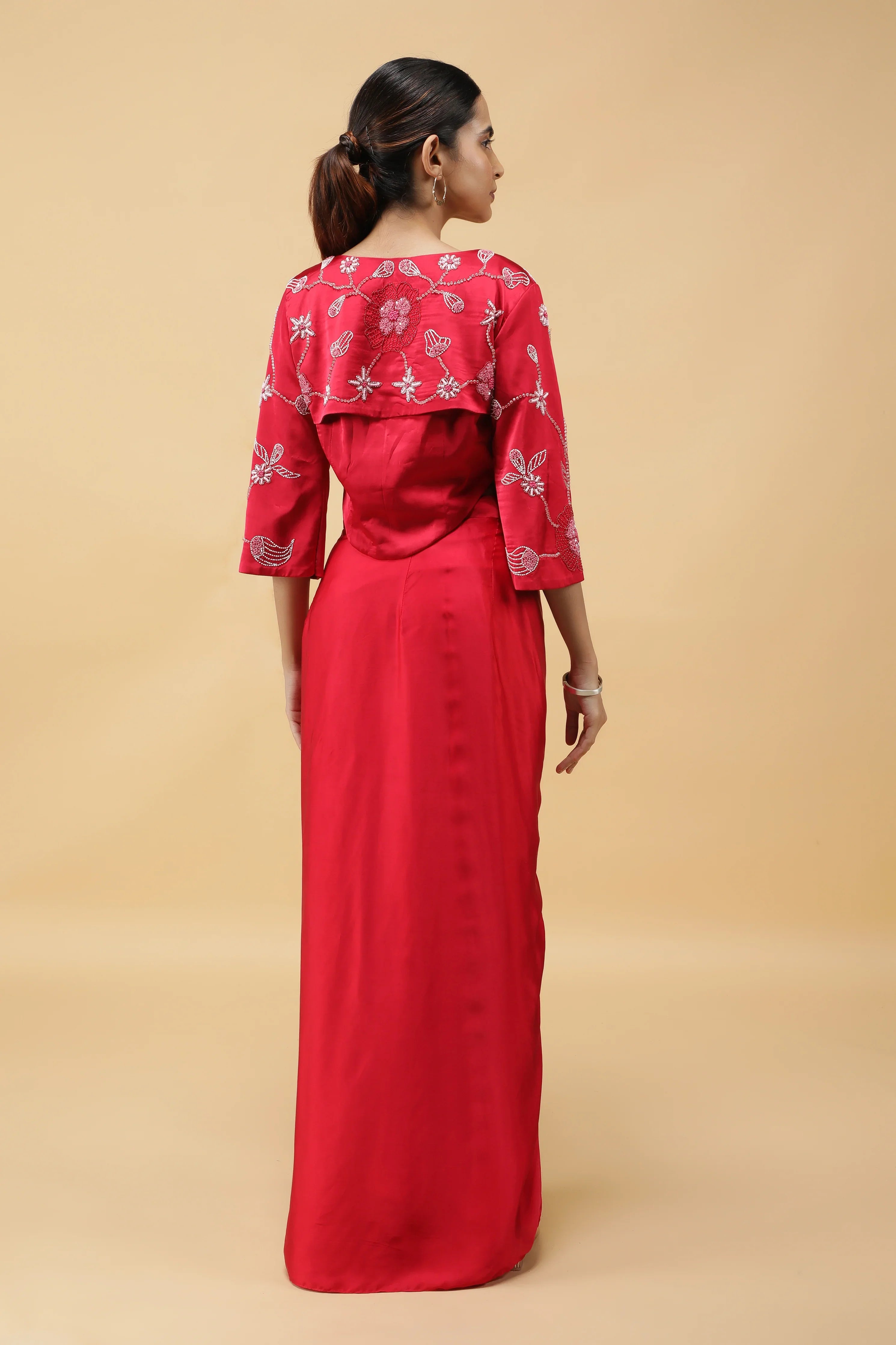 Red Satin Corset Top with Embroidered Jacket and Draped Skirt - Mokshaa