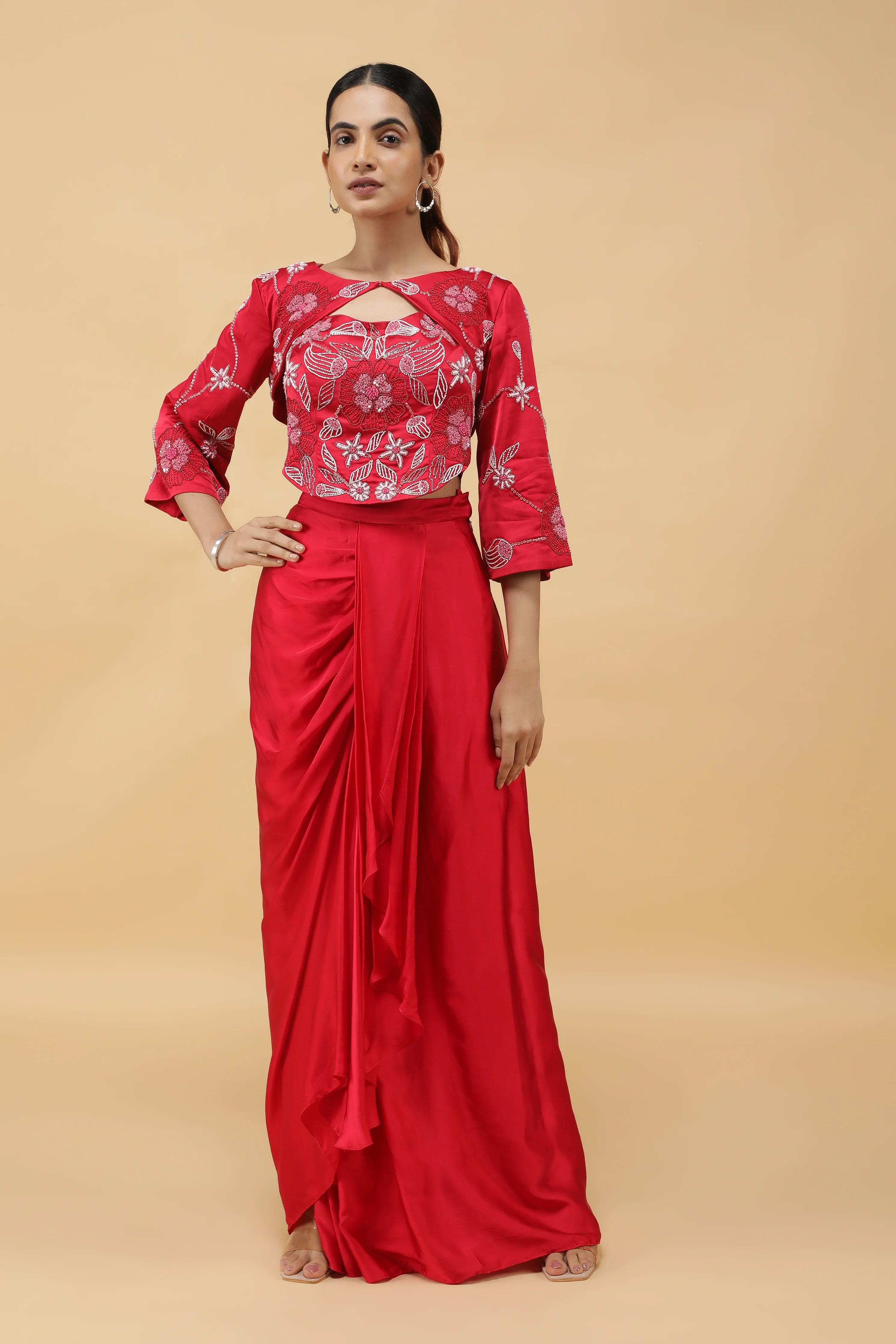 Red Satin Corset Top with Embroidered Jacket and Draped Skirt - Mokshaa