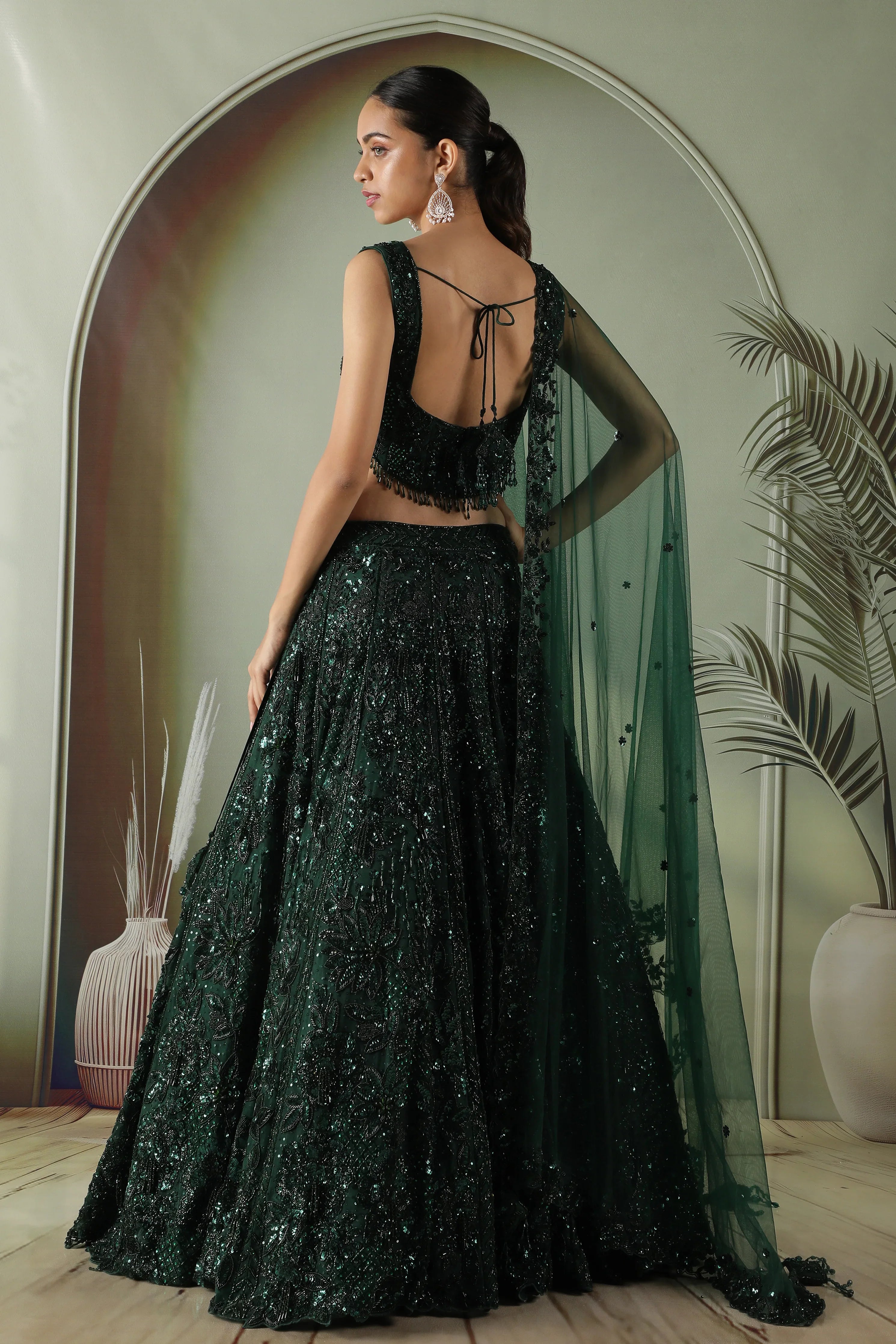 Bottle Green Net Lehenga Set with Sequin & Pearl Embroidery - Mokshaa