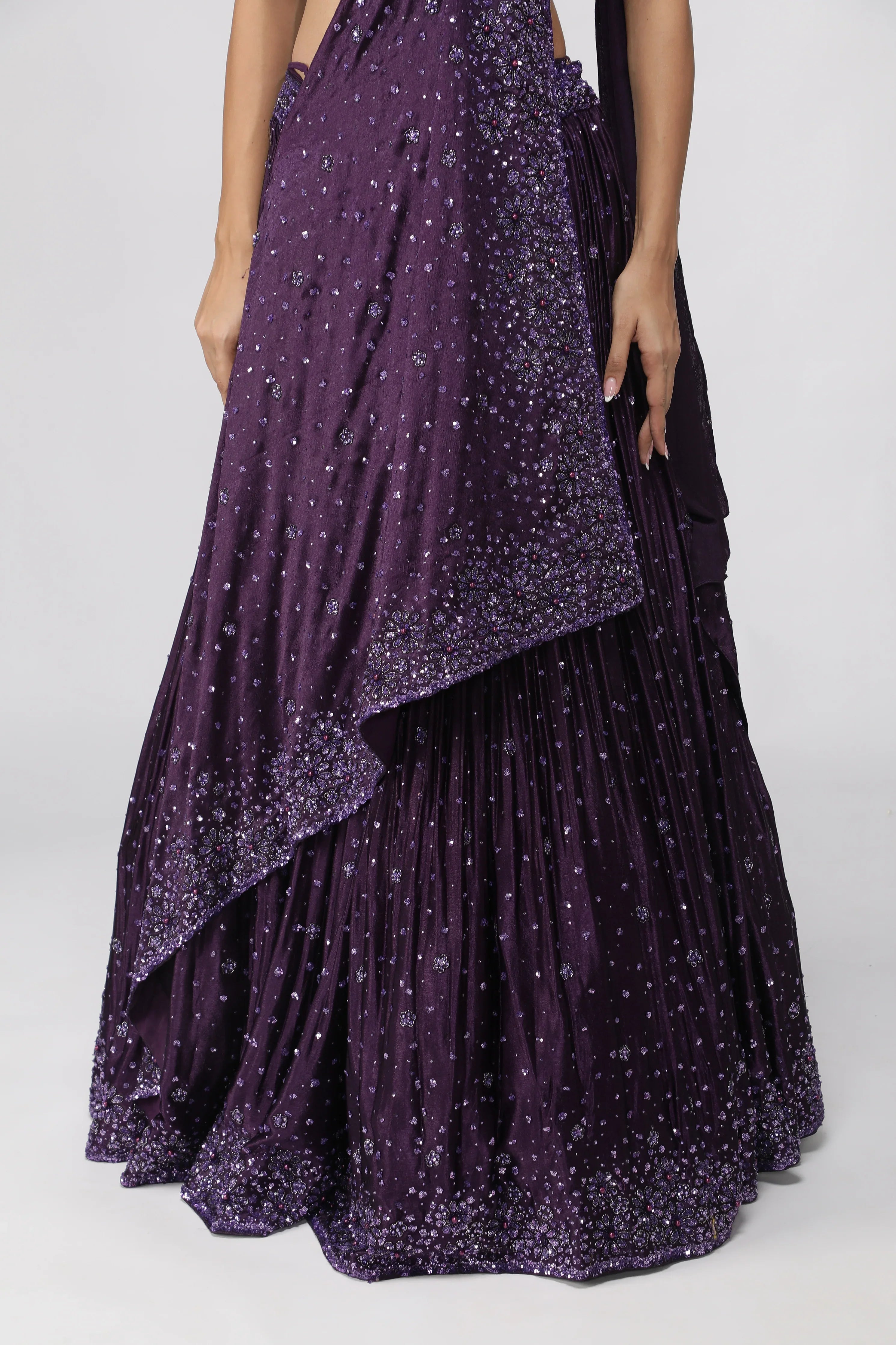 Wine Silk Drape Lehenga Set - Mokshaa