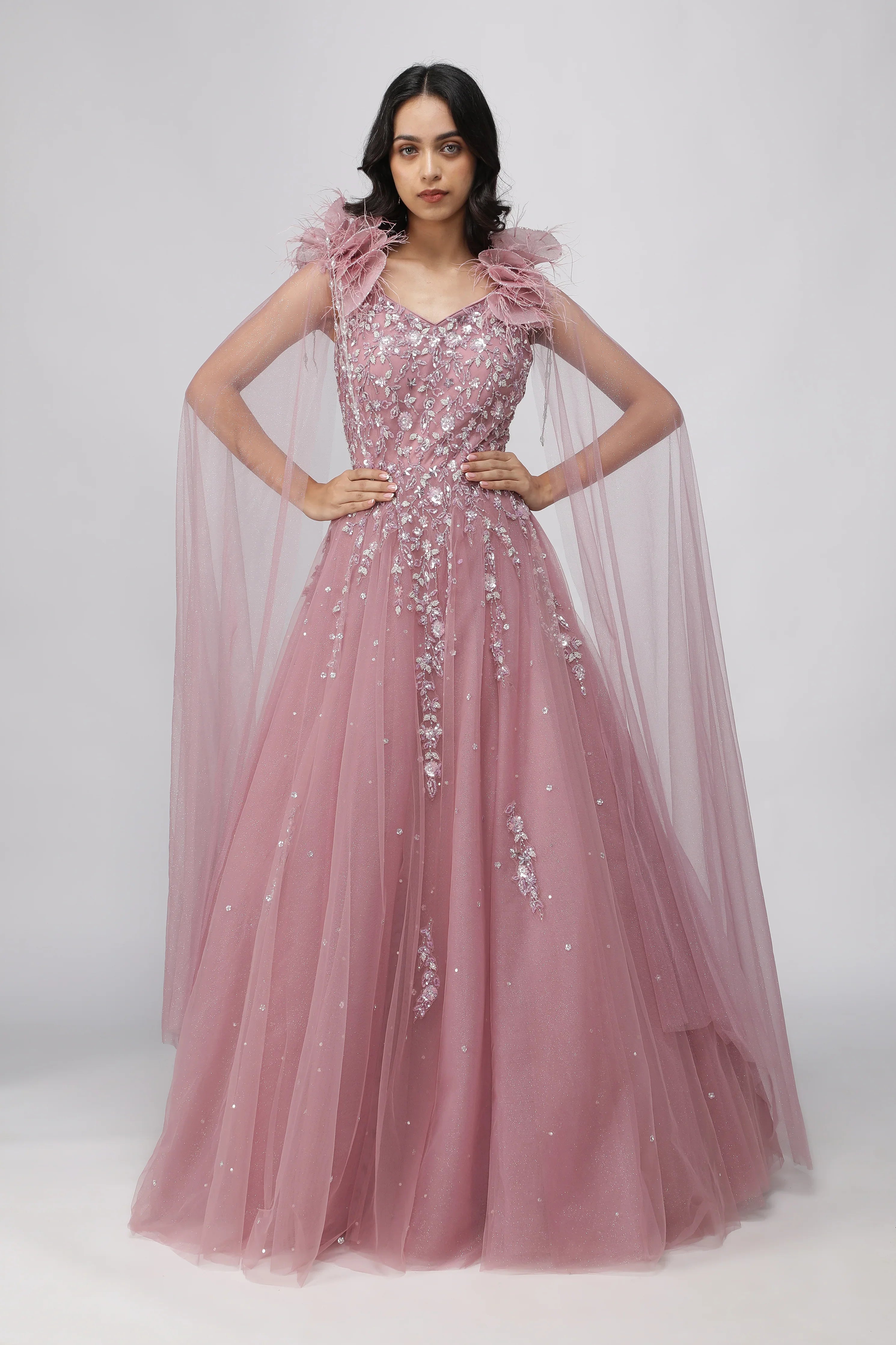Dusty Lavender Net Gown with Pearl and Sequin Embellishments - Mokshaa