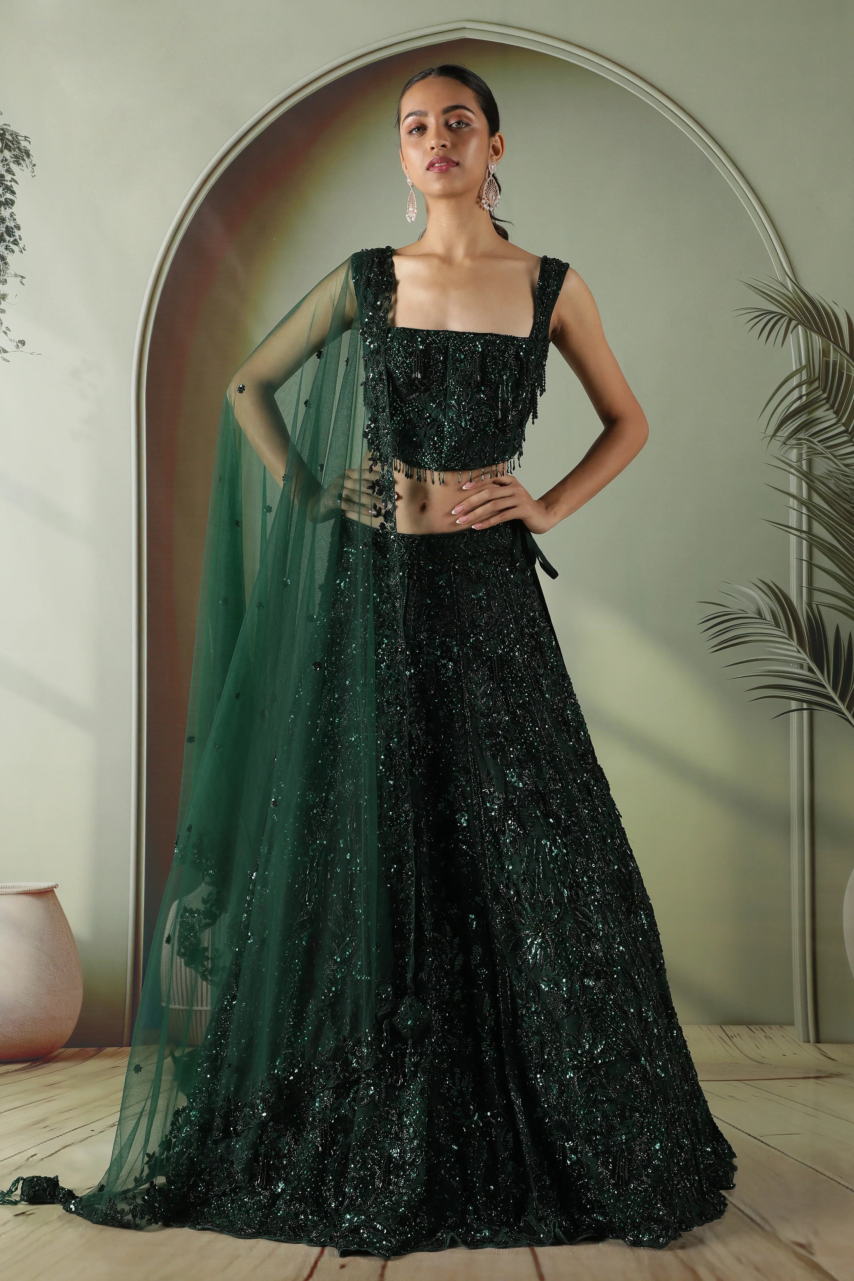 Bottle Green Net Lehenga Set with Sequin & Pearl Embroidery - Mokshaa