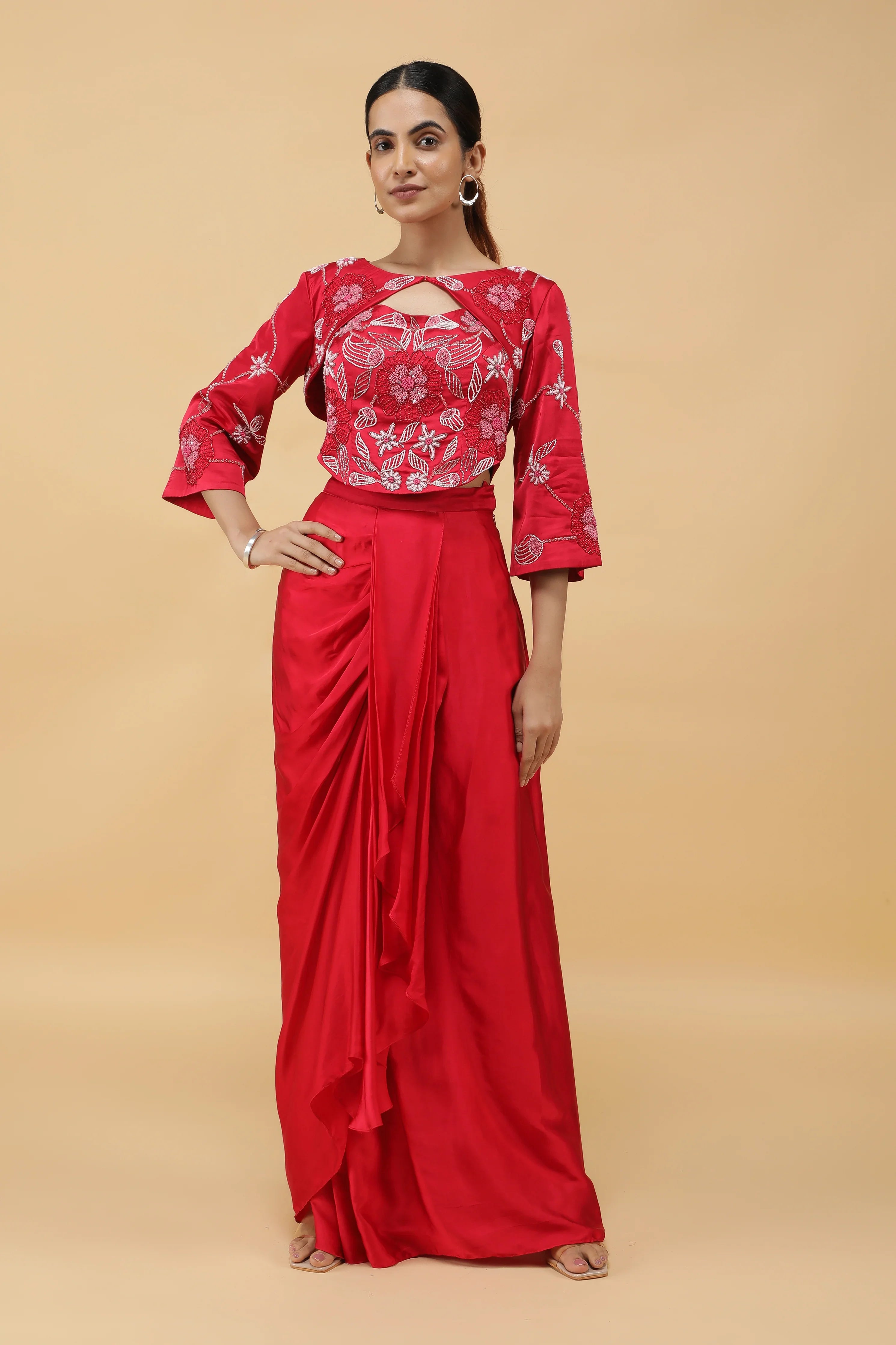 Red Satin Corset Top with Embroidered Jacket and Draped Skirt - Mokshaa