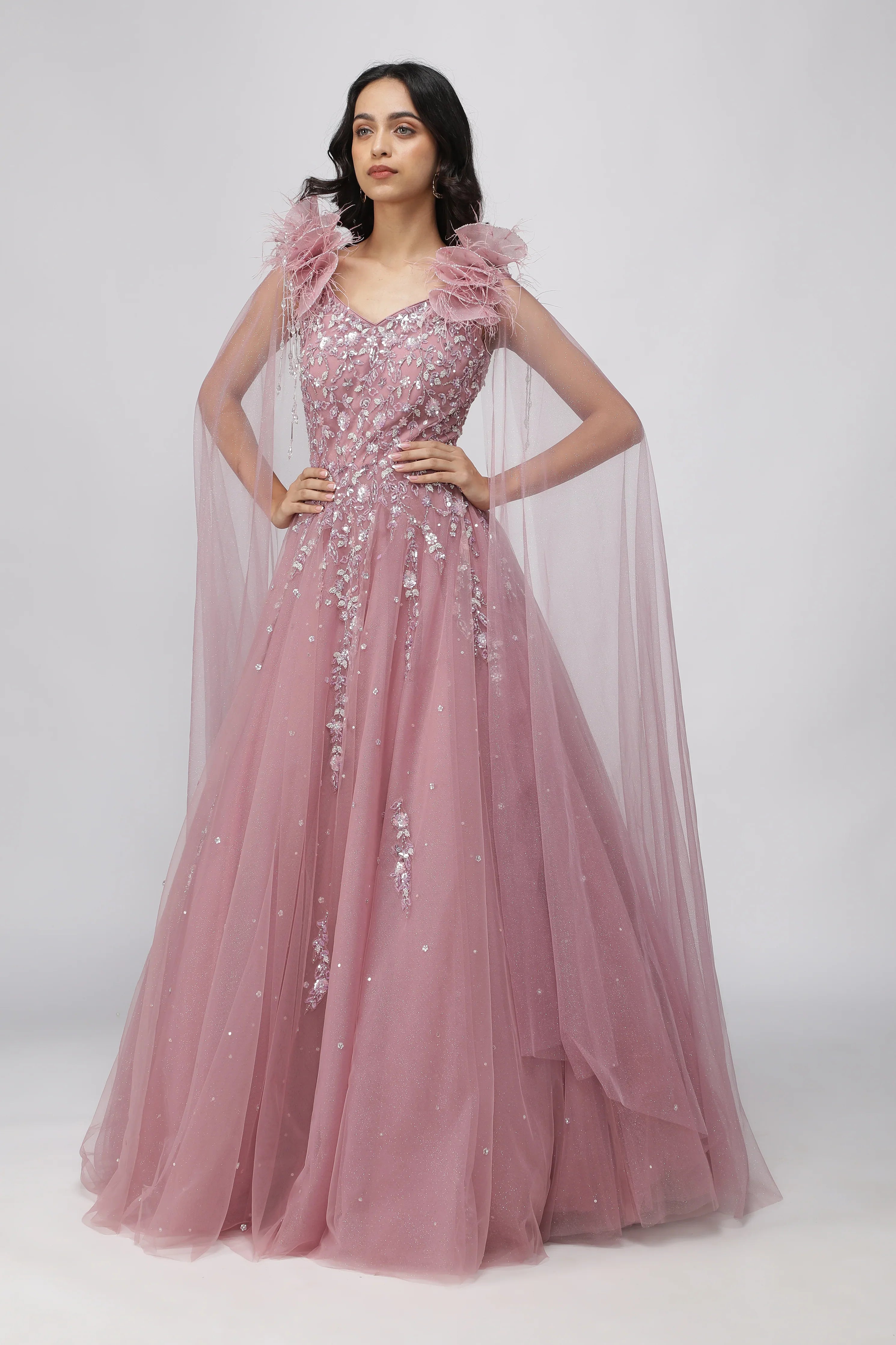 Dusty Lavender Net Gown with Pearl and Sequin Embellishments - Mokshaa