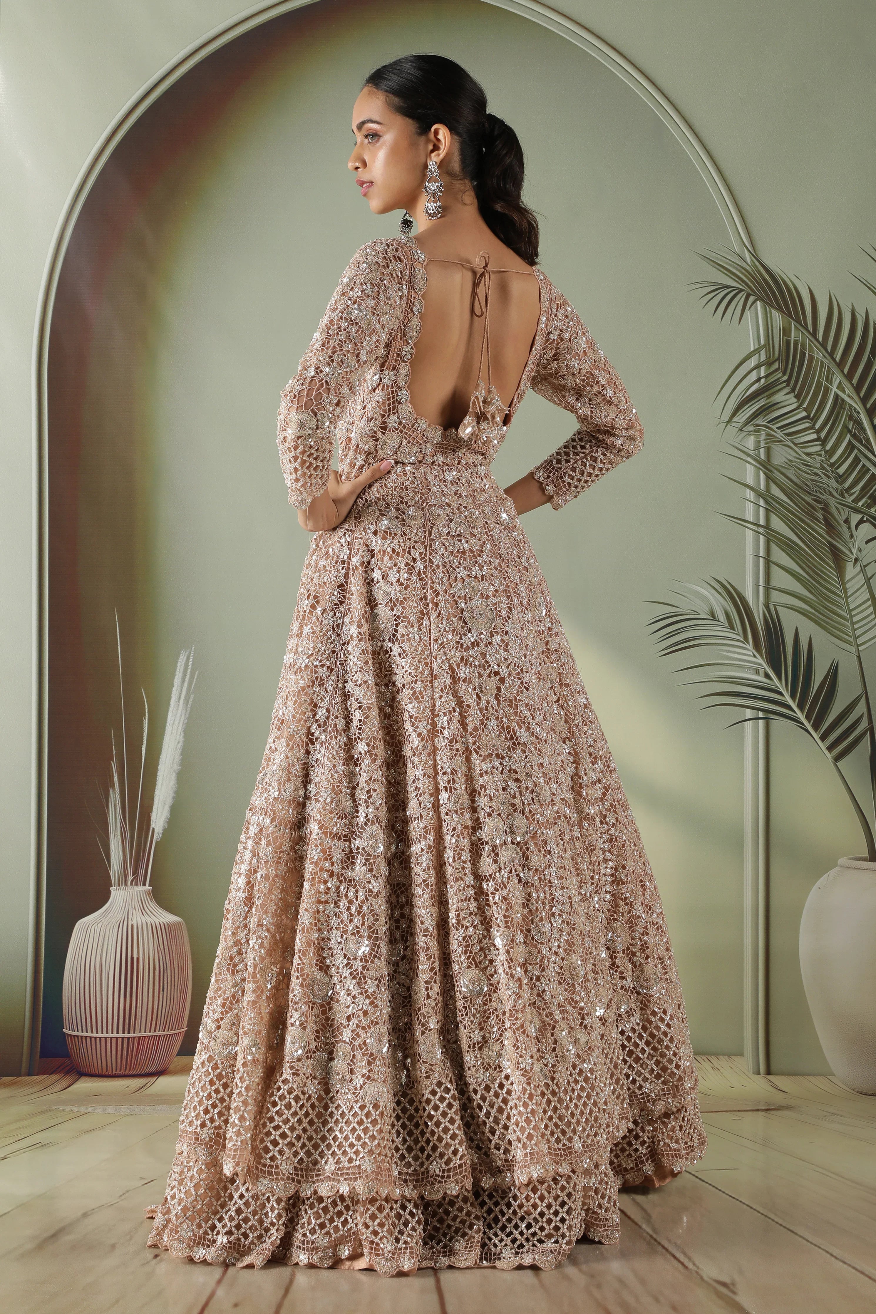 Dusty Peach Net Jacket Lehenga set - Mokshaa