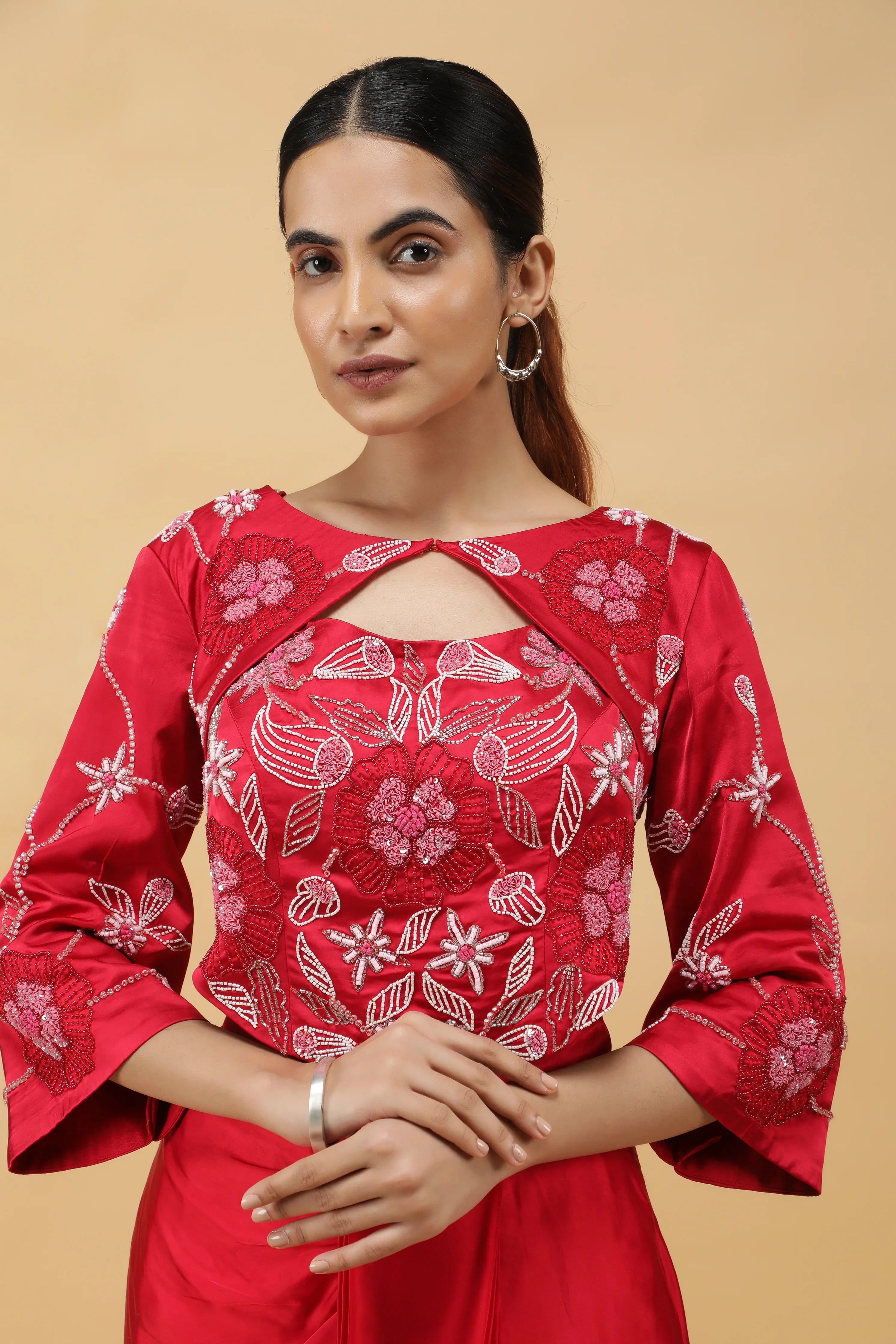 Red Satin Corset Top with Embroidered Jacket and Draped Skirt - Mokshaa