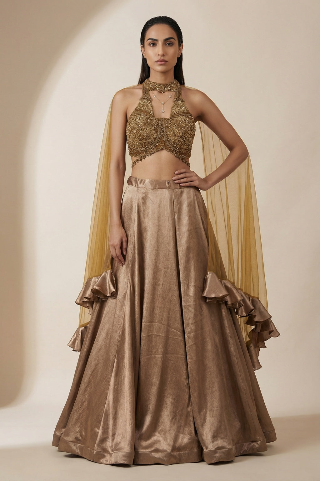 Copper Satin Silk Lehenga Set with Net Dupatta - Mokshaa