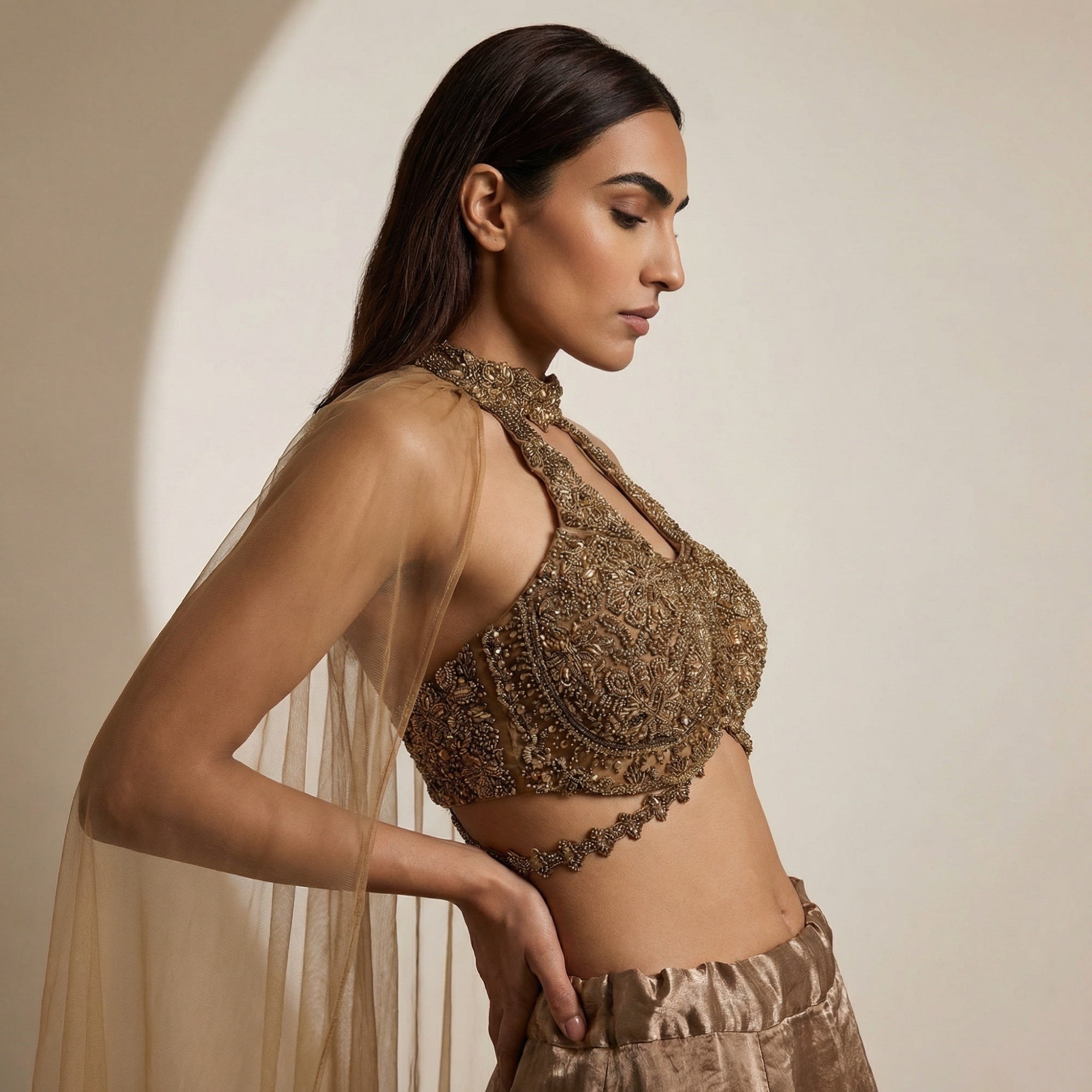 Copper Satin Silk Lehenga Set with Net Dupatta - Mokshaa