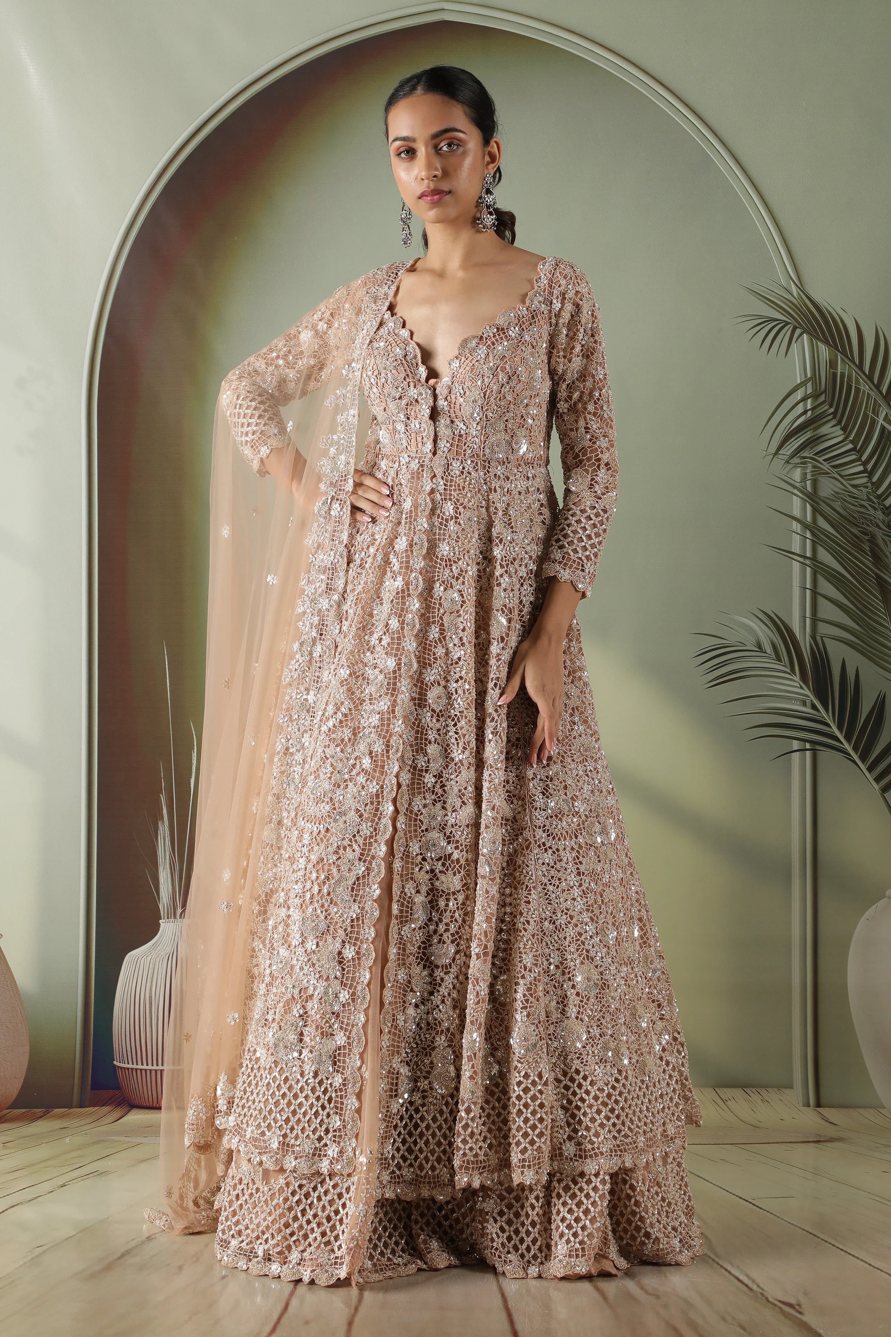 Dusty Peach Net Jacket Lehenga set - Mokshaa